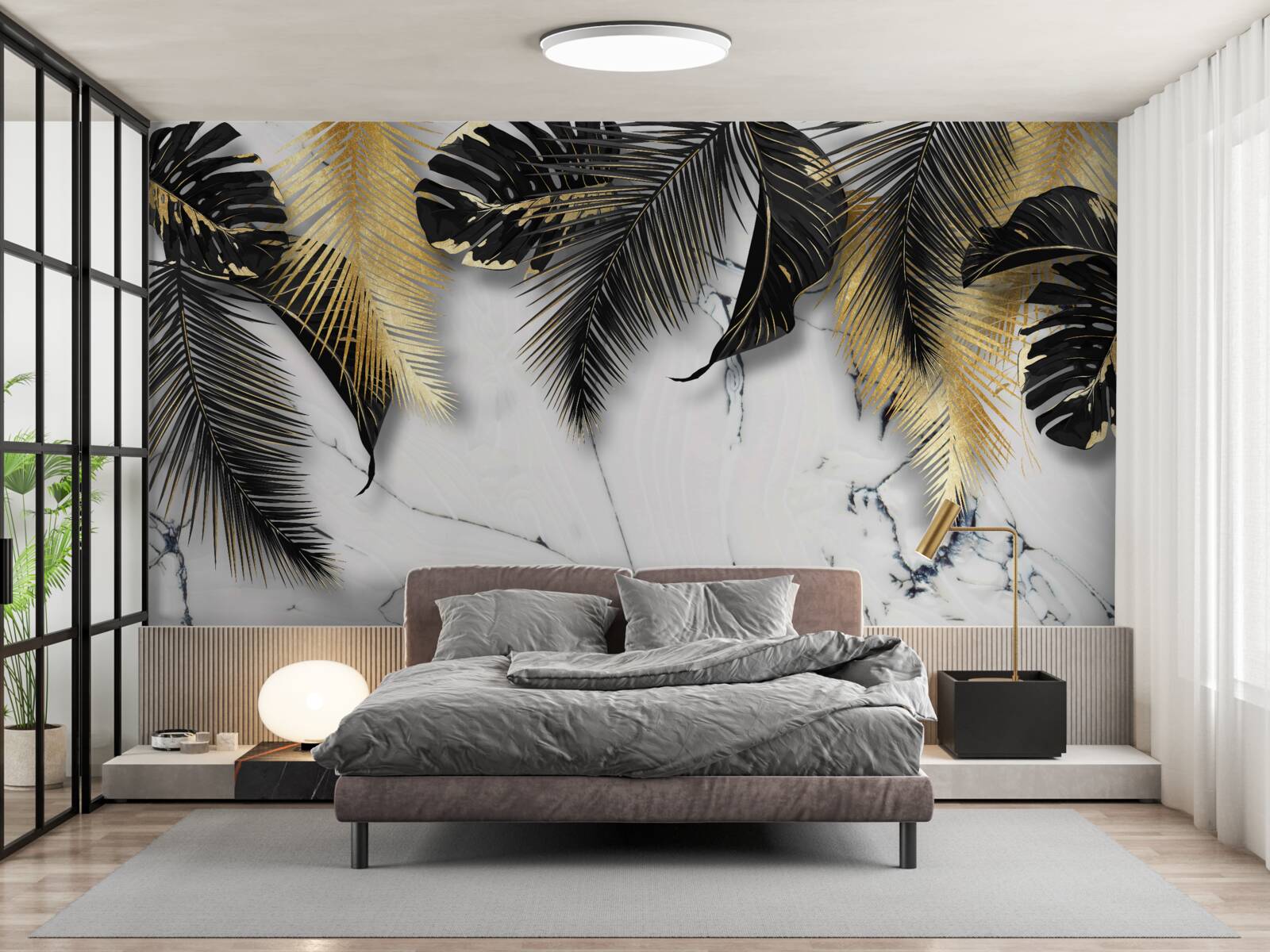 Фотошпалери мармур всіяний коричневим і чорним листям