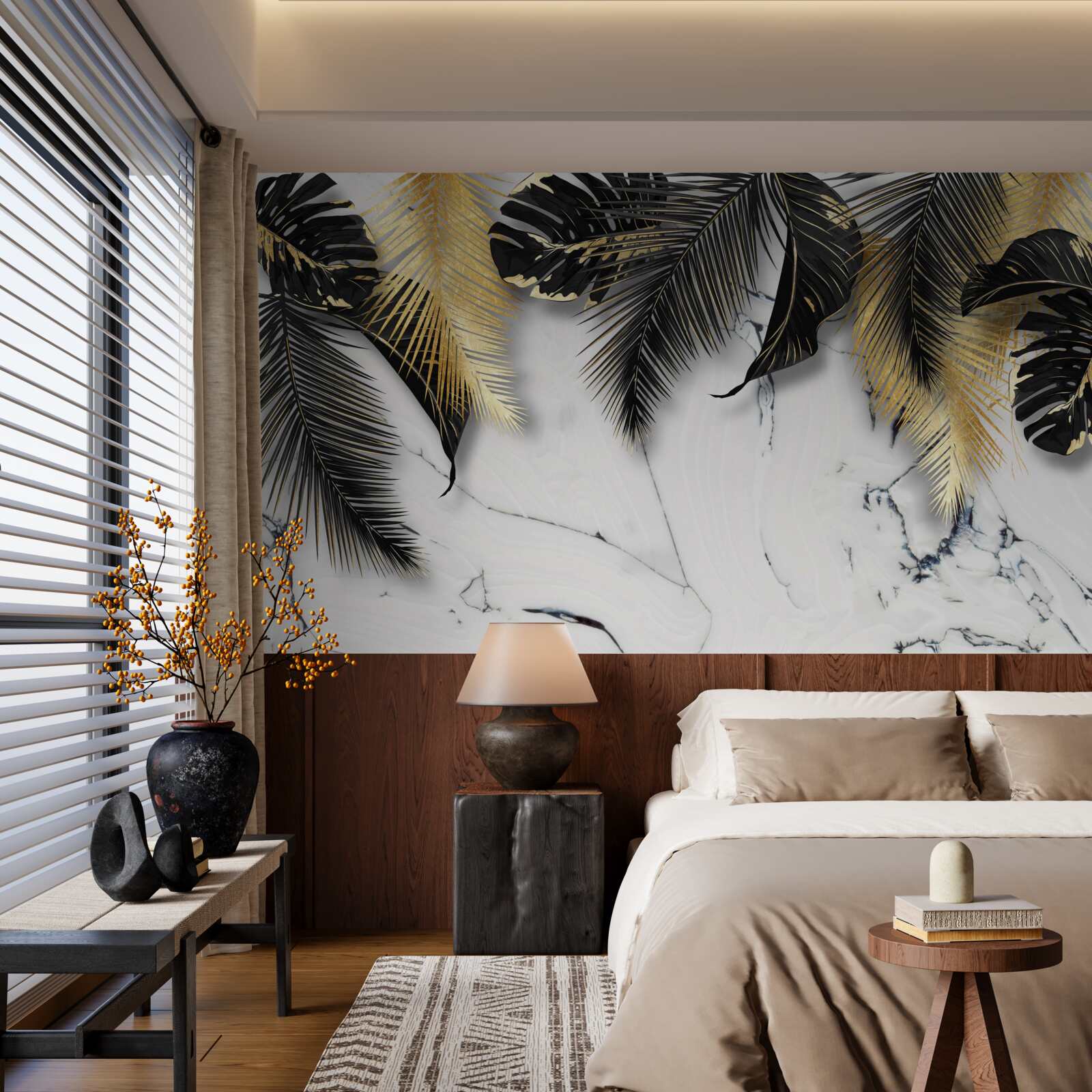 Фотошпалери мармур всіяний коричневим і чорним листям