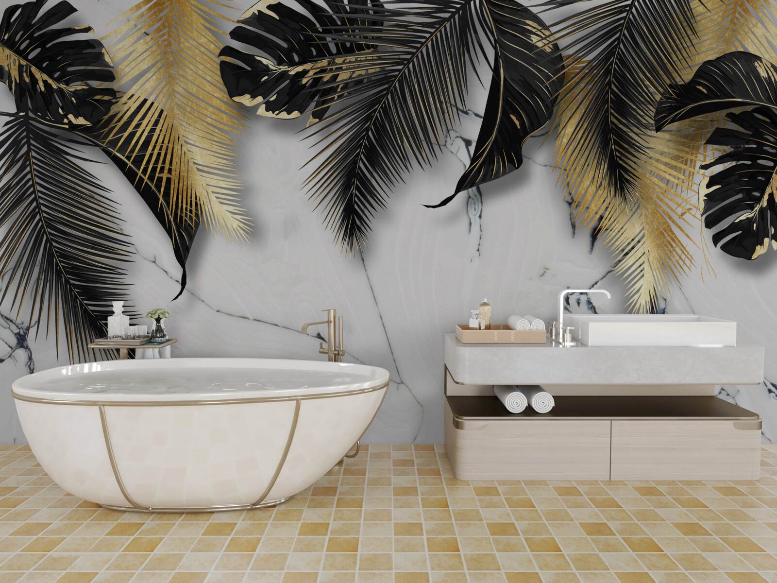 Фотошпалери мармур всіяний коричневим і чорним листям