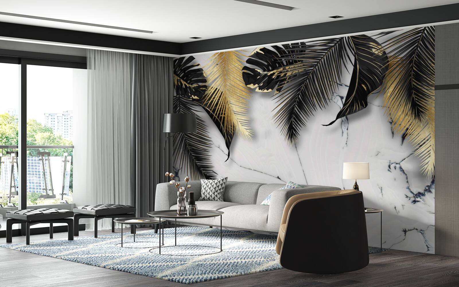 Фотошпалери мармур всіяний коричневим і чорним листям