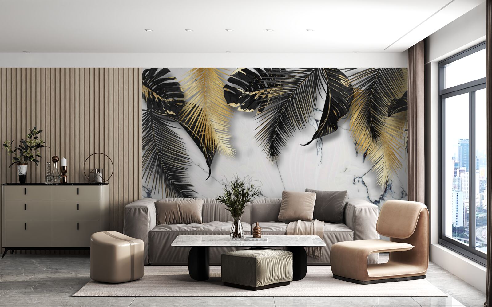 Фотошпалери мармур всіяний коричневим і чорним листям