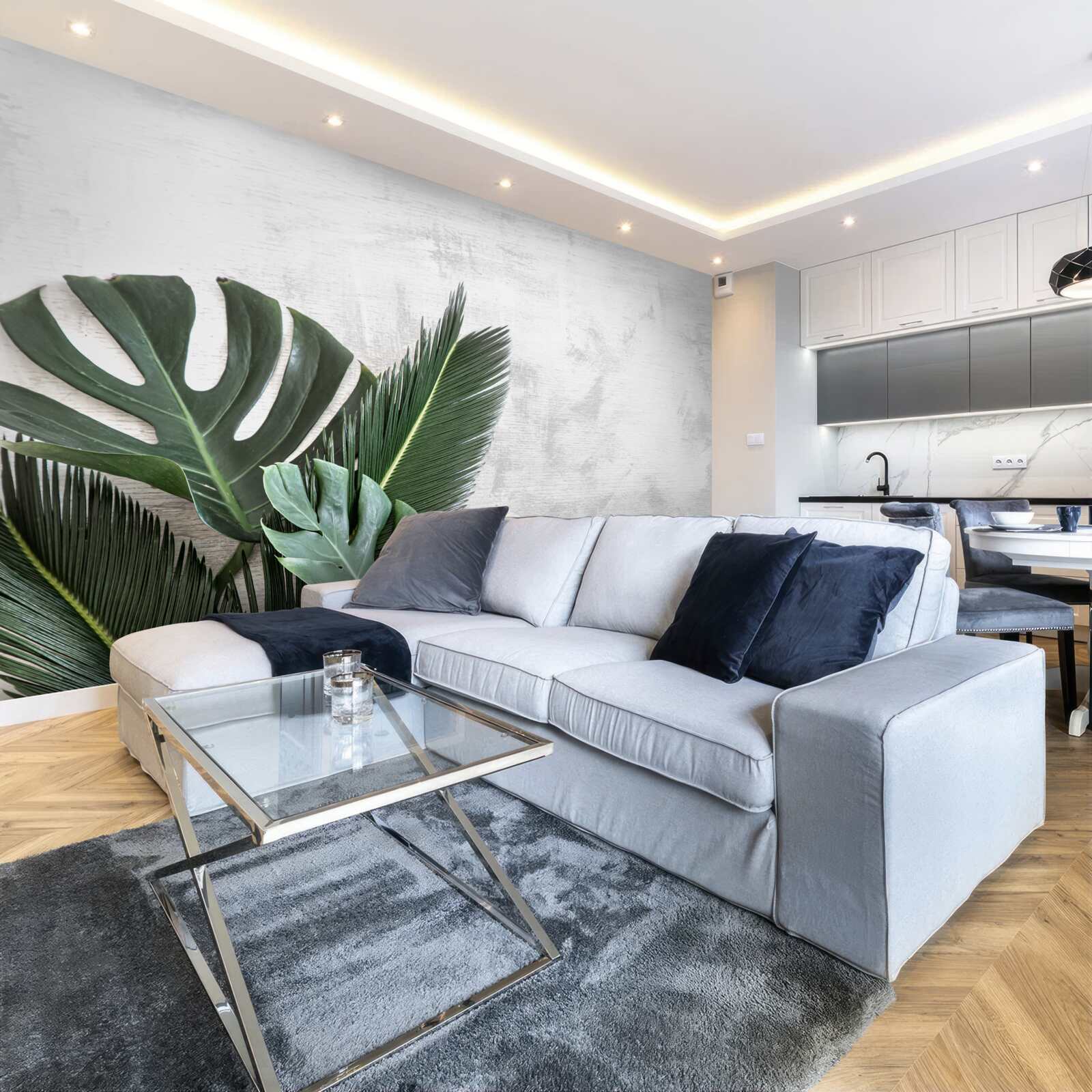 Фотошпалери сірий фон підкреслює зелень папороті