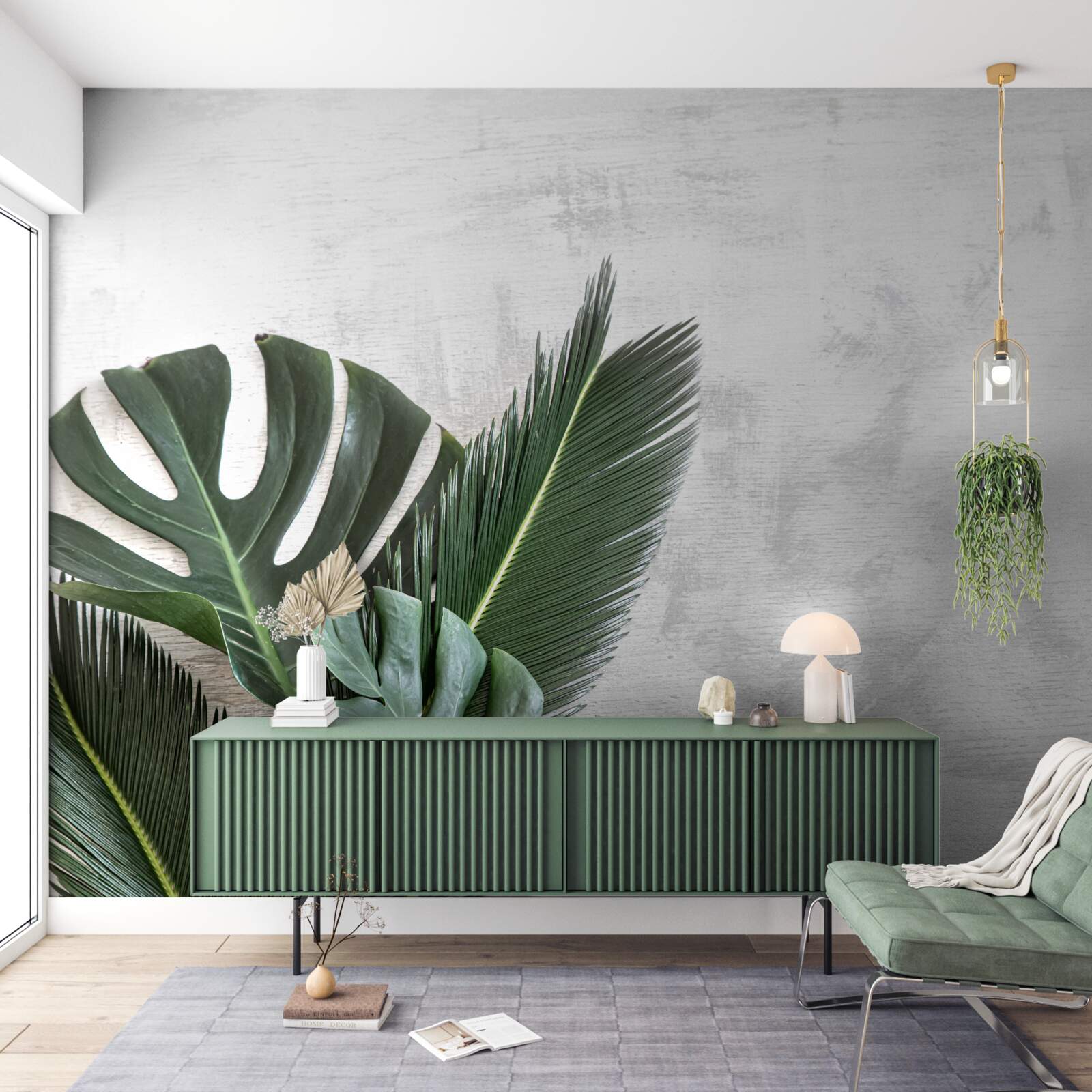 Фотошпалери сірий фон підкреслює зелень папороті