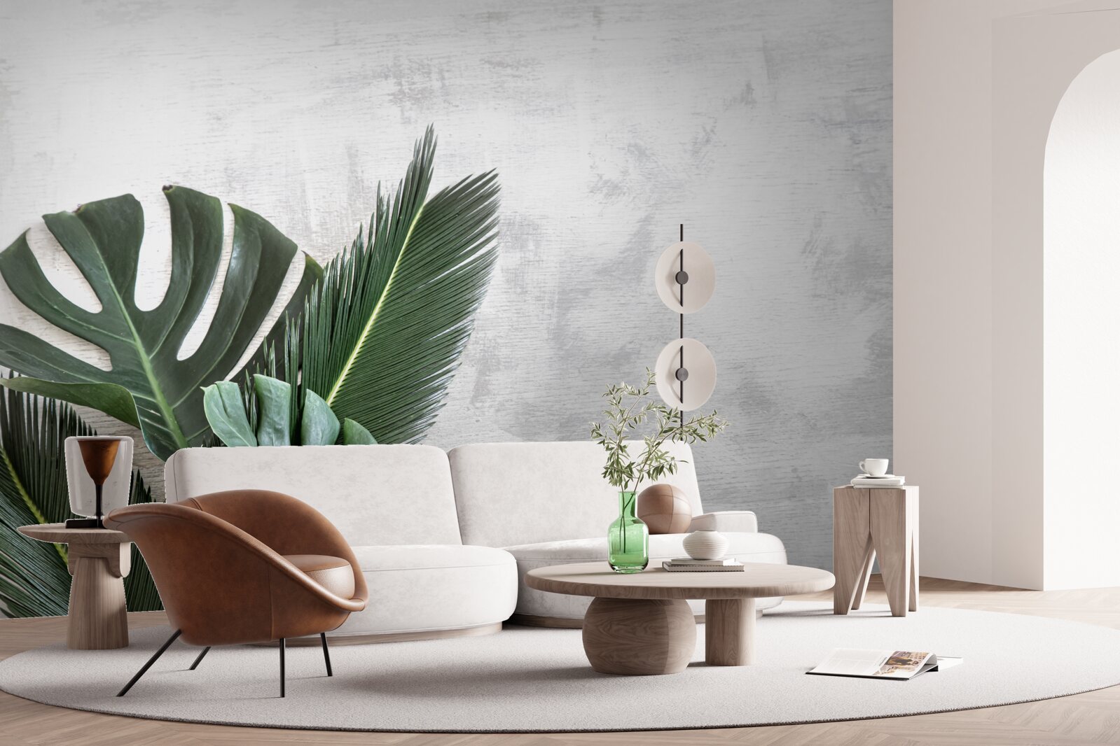 Фотошпалери сірий фон підкреслює зелень папороті