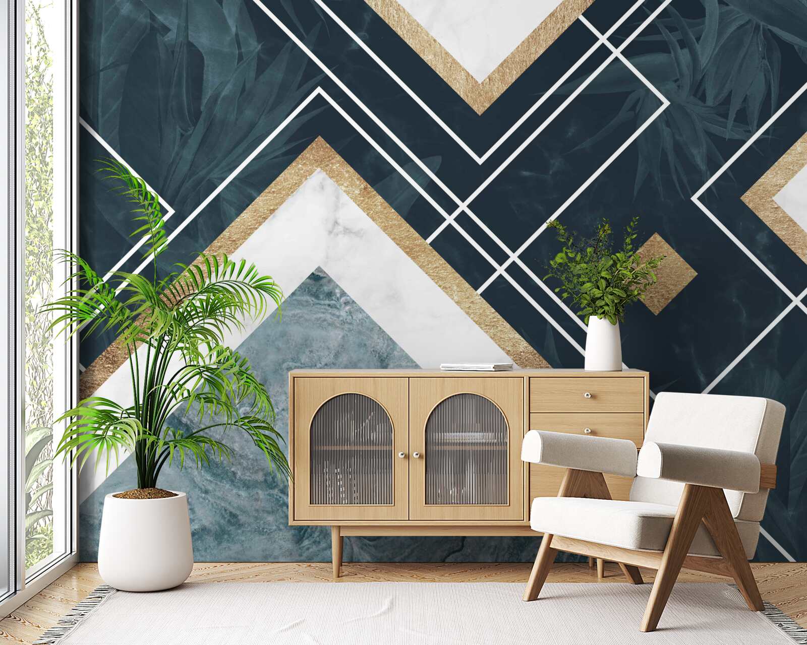 Фотошпалери синя мозаїка з білими елементами