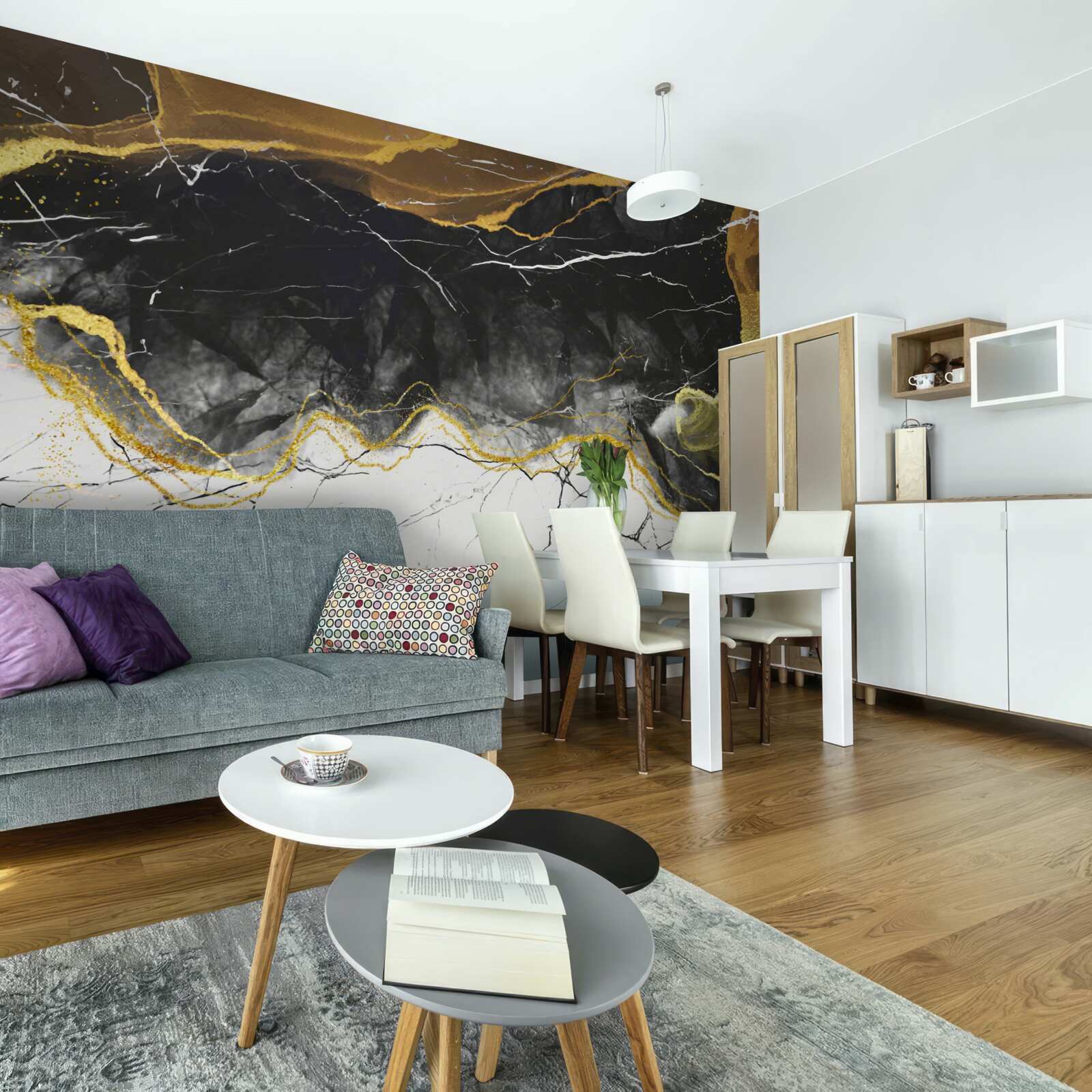 Фотошпалери чорно-білий мармур із золотистими відтінками