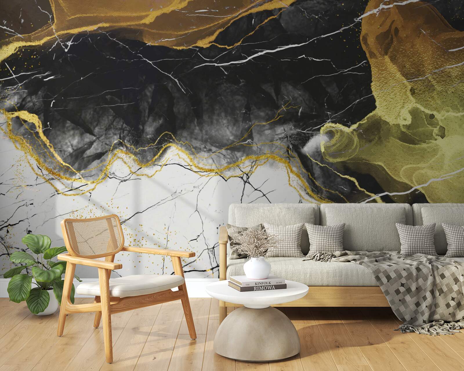 Фотошпалери чорно-білий мармур із золотистими відтінками