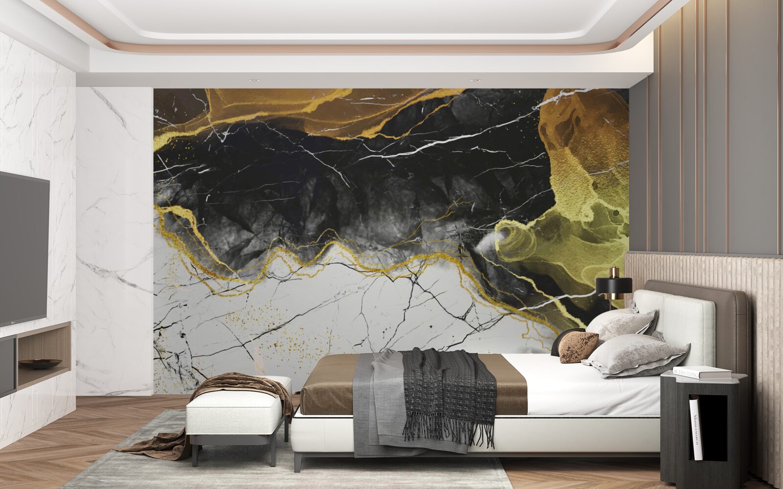 Фотошпалери чорно-білий мармур із золотистими відтінками