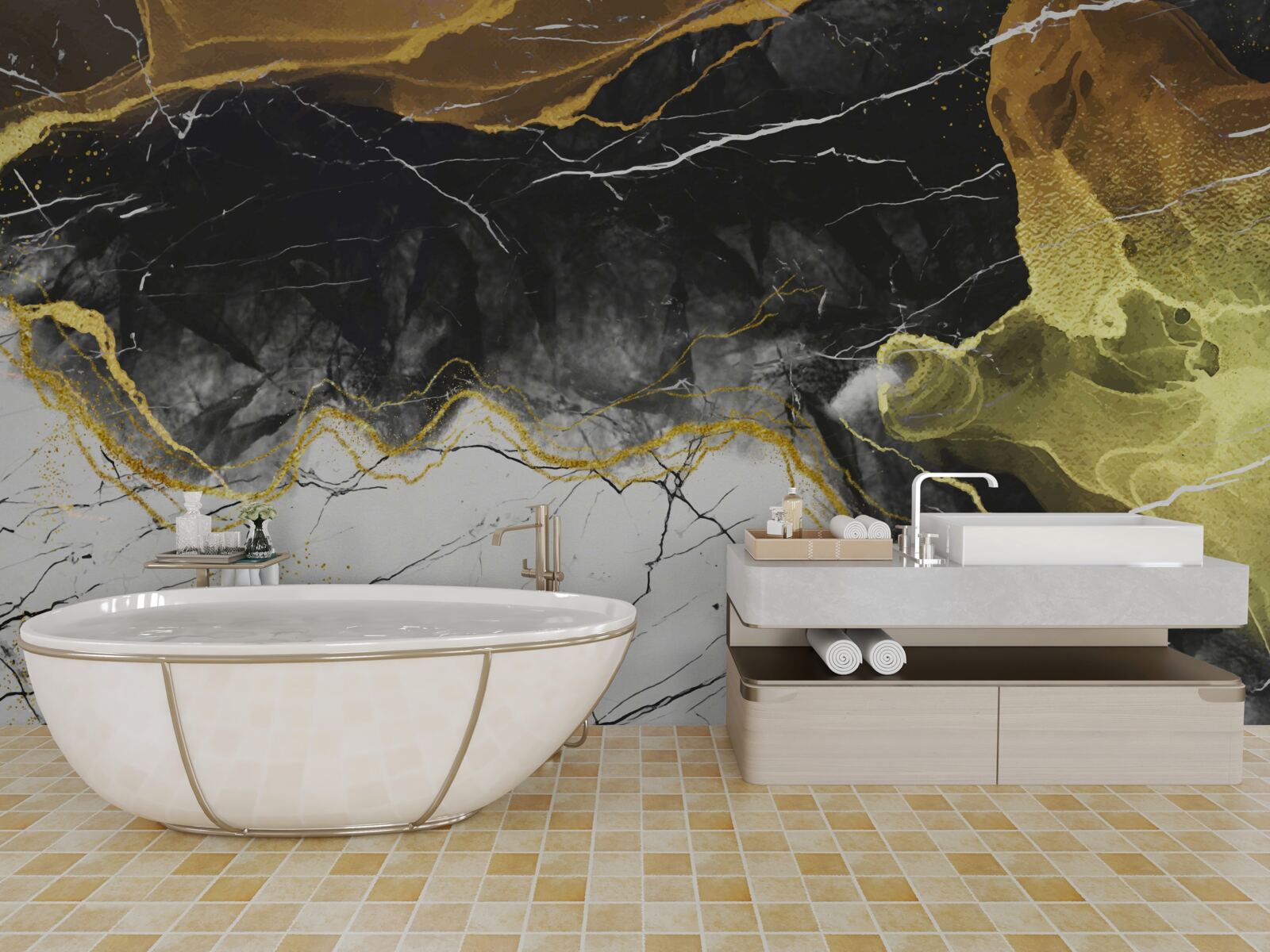 Фотошпалери чорно-білий мармур із золотистими відтінками