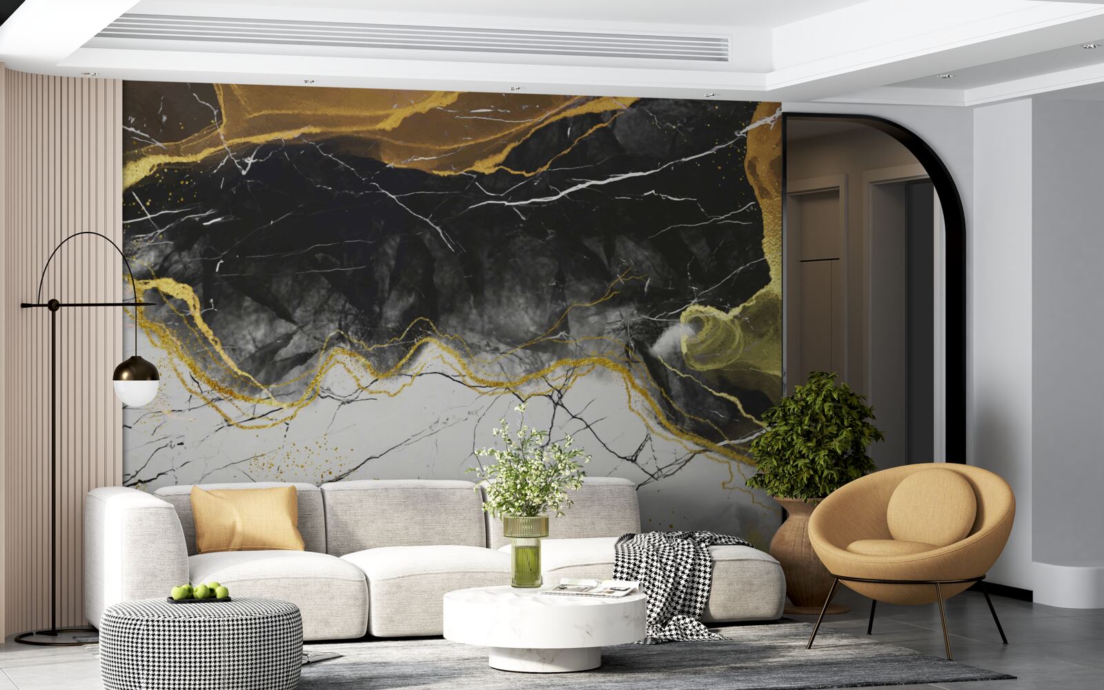 Фотошпалери чорно-білий мармур із золотистими відтінками
