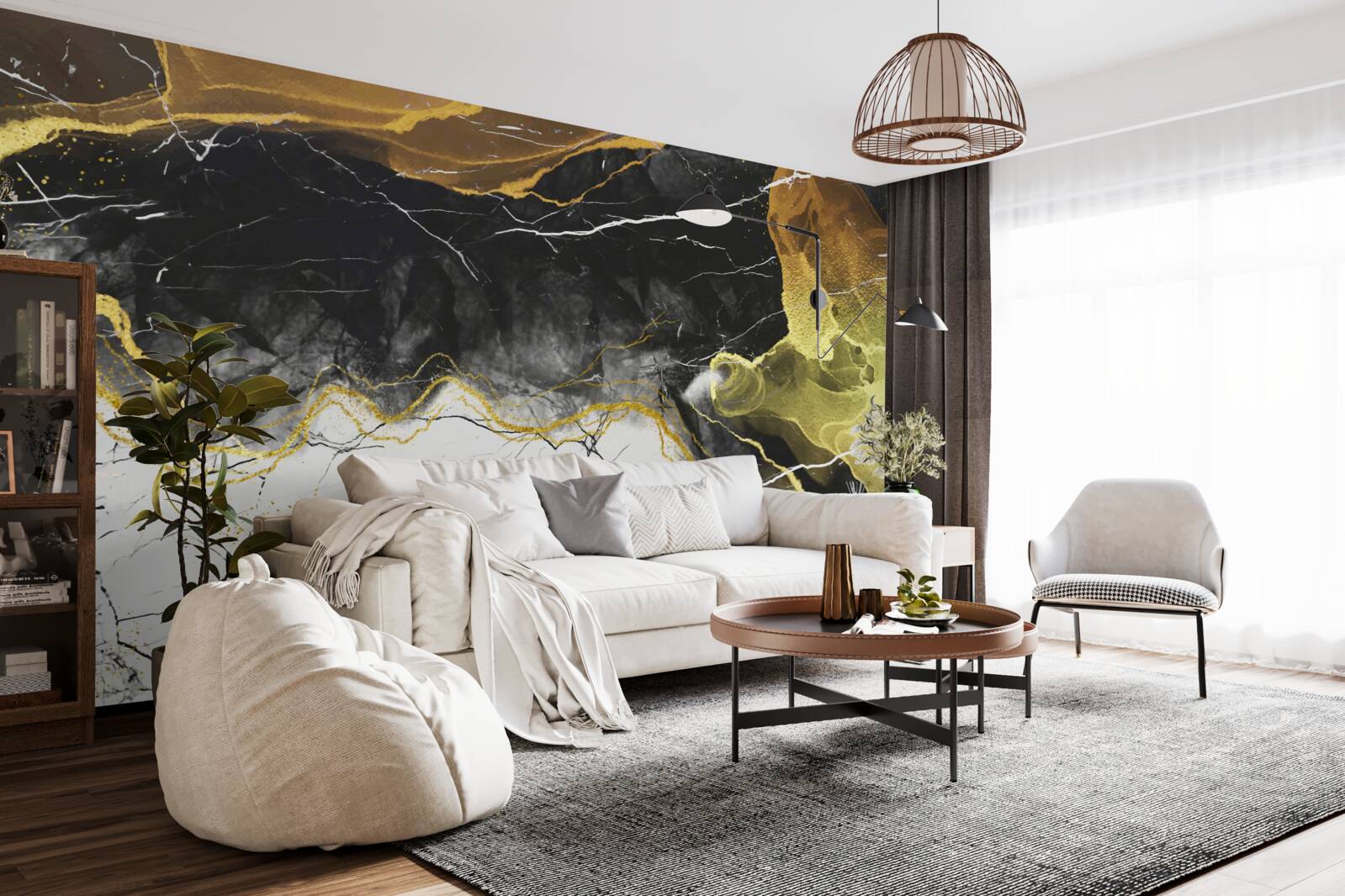 Фотошпалери чорно-білий мармур із золотистими відтінками
