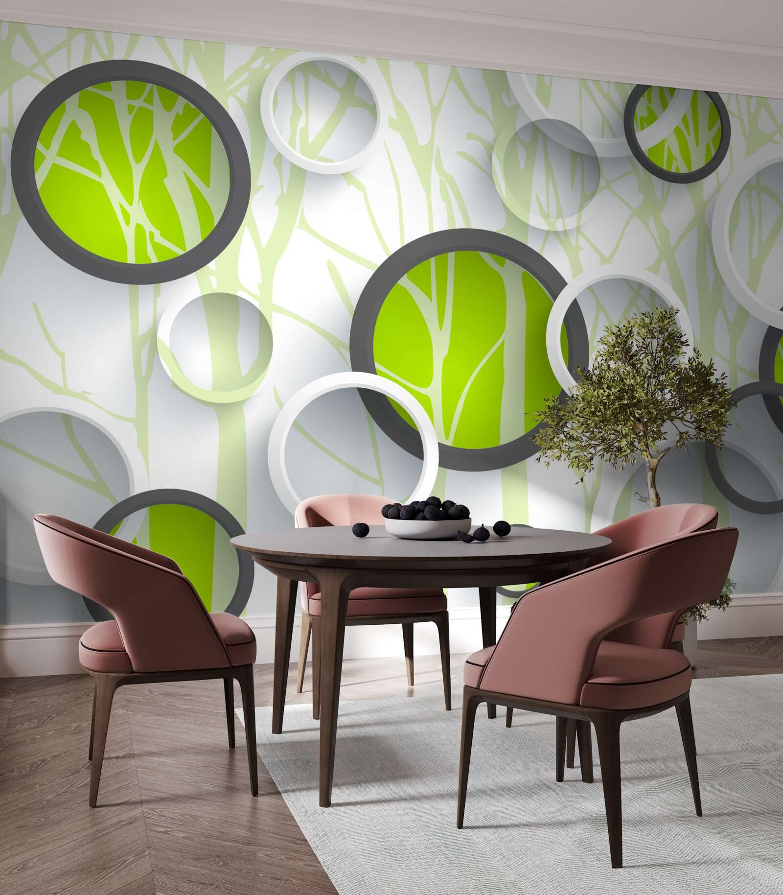 Фотошпалери зелені кола, переплетені на лісовому тлі