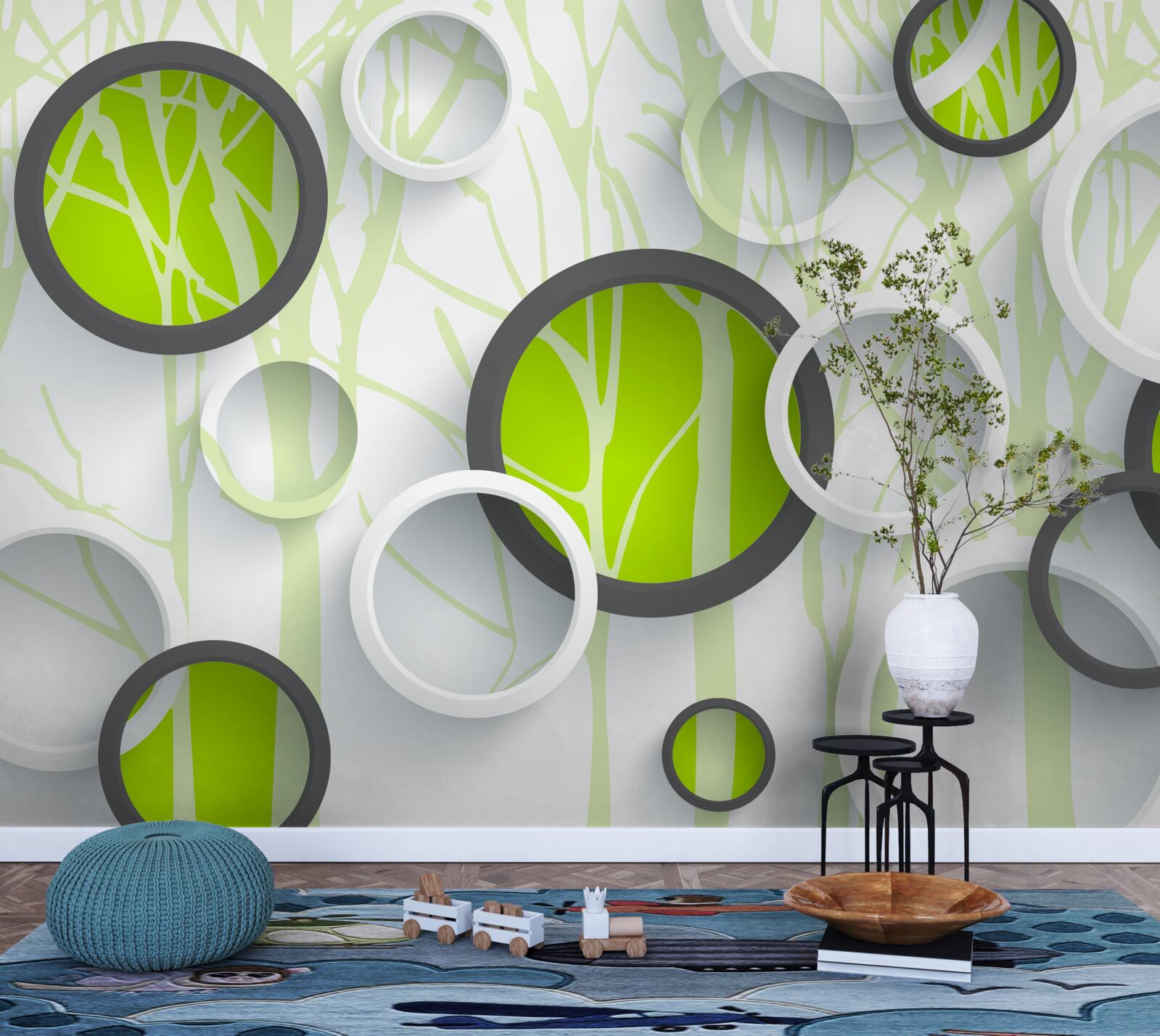 Фотошпалери зелені кола, переплетені на лісовому тлі