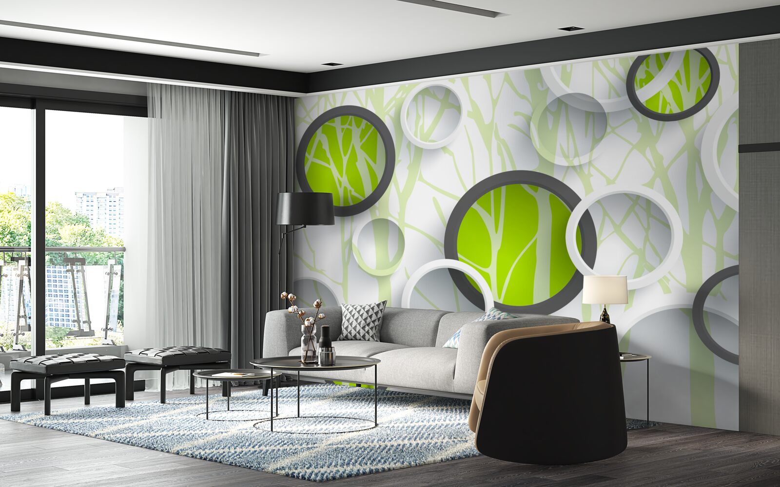 Фотошпалери зелені кола, переплетені на лісовому тлі