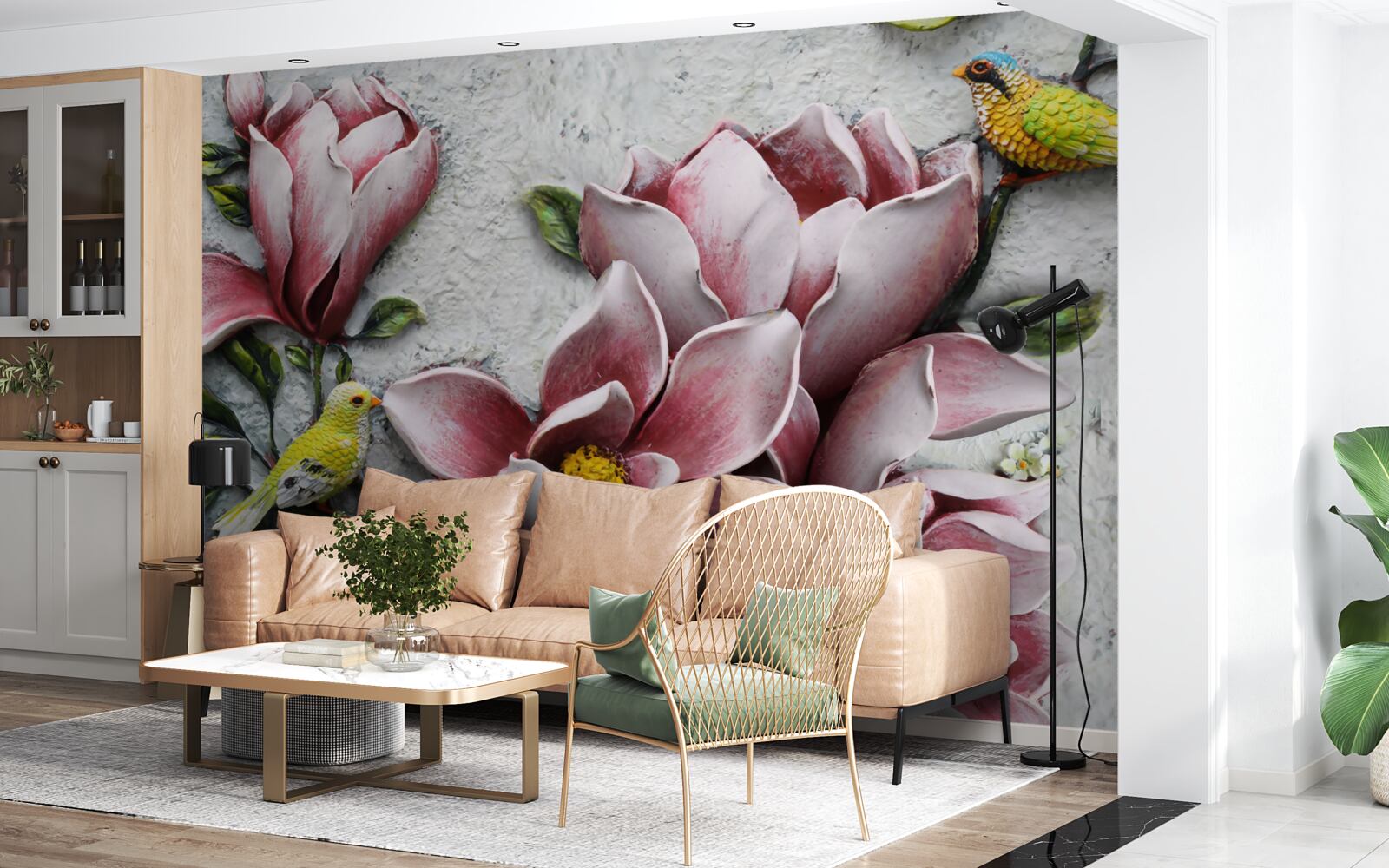 Фотошпалери лотос червоно-білий, а птахи яскраво-жовті