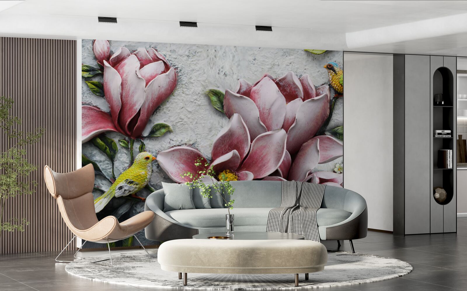 Фотошпалери лотос червоно-білий, а птахи яскраво-жовті