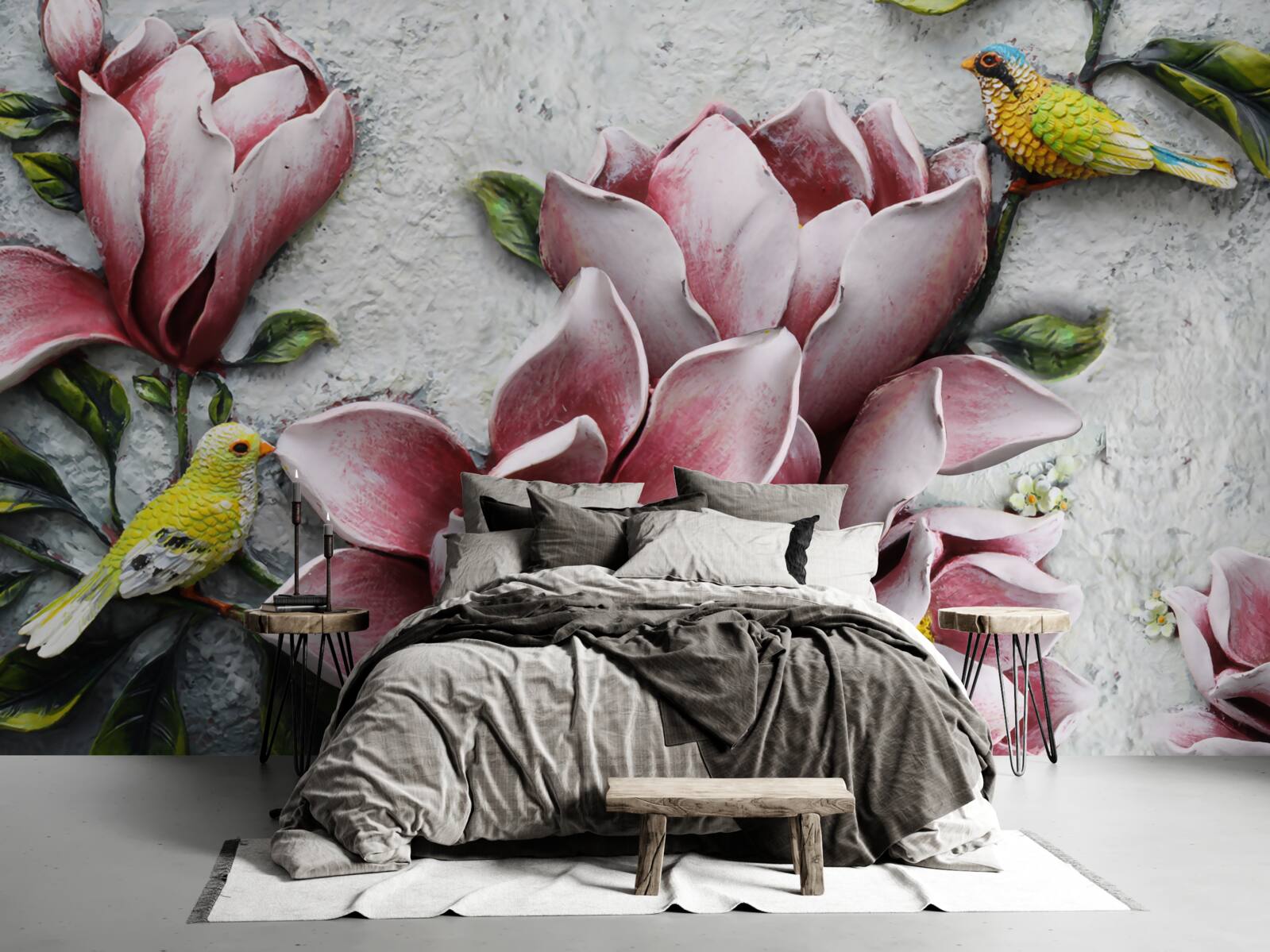 Фотошпалери лотос червоно-білий, а птахи яскраво-жовті