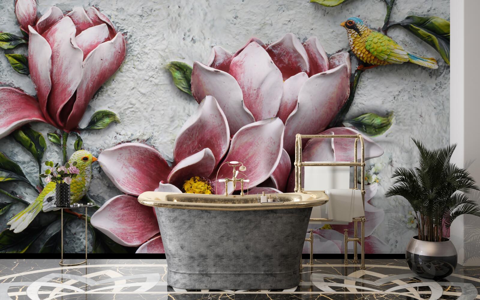 Фотошпалери лотос червоно-білий, а птахи яскраво-жовті