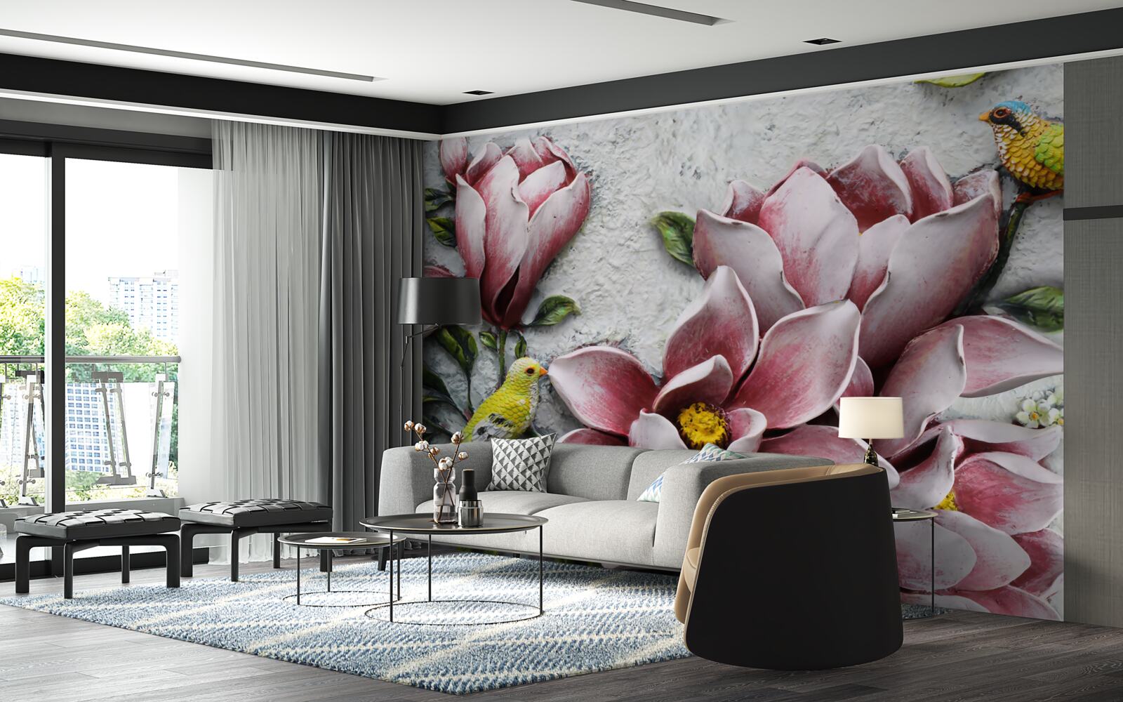 Фотошпалери лотос червоно-білий, а птахи яскраво-жовті