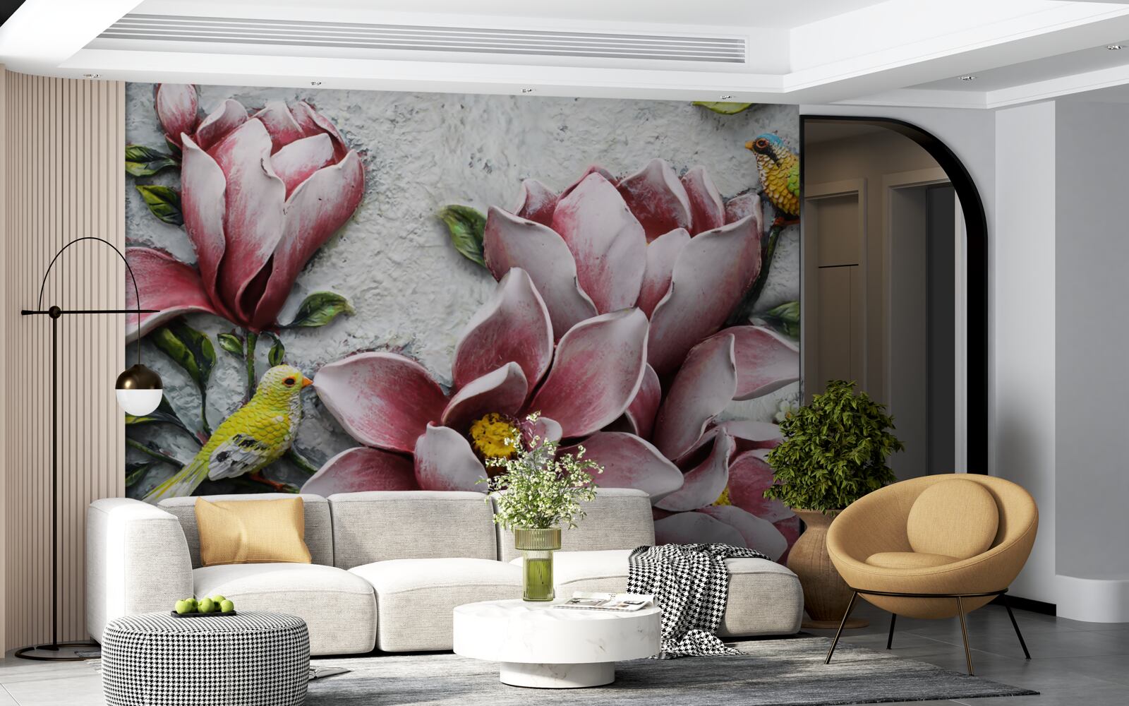 Фотошпалери лотос червоно-білий, а птахи яскраво-жовті