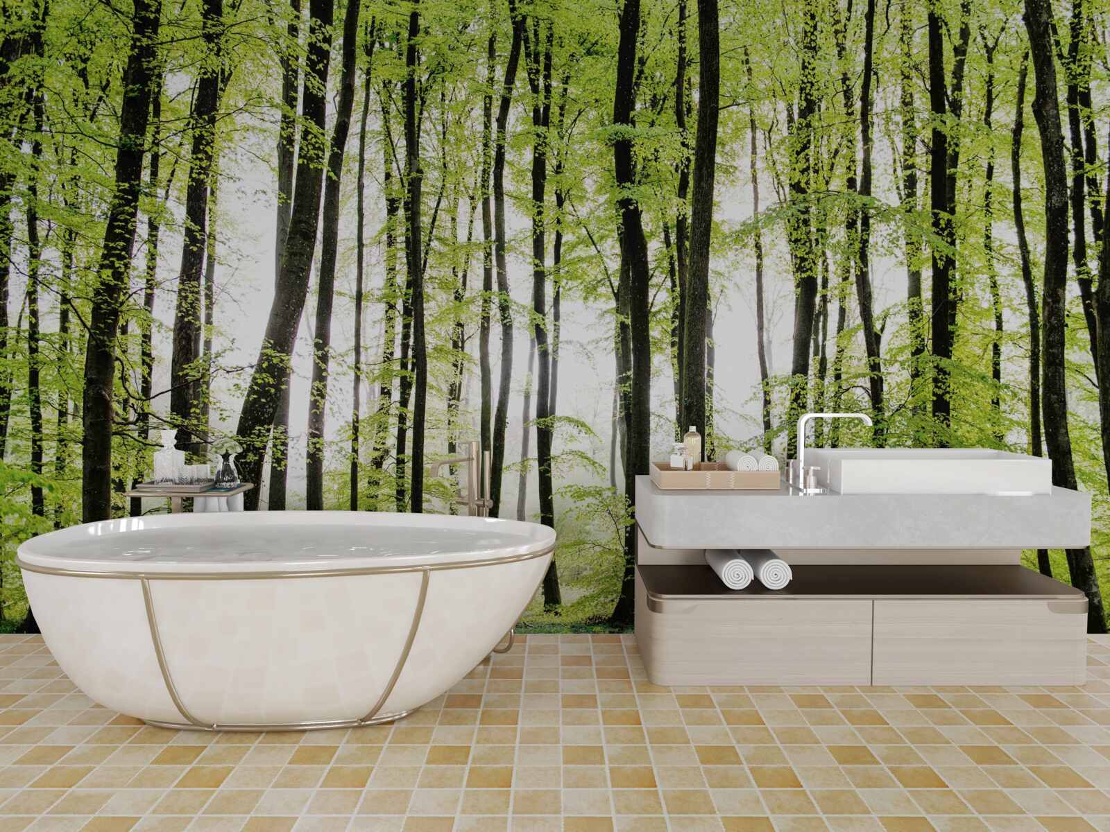 Фотошпалери ранкові дерева тягнуться вгору стрункими колонами