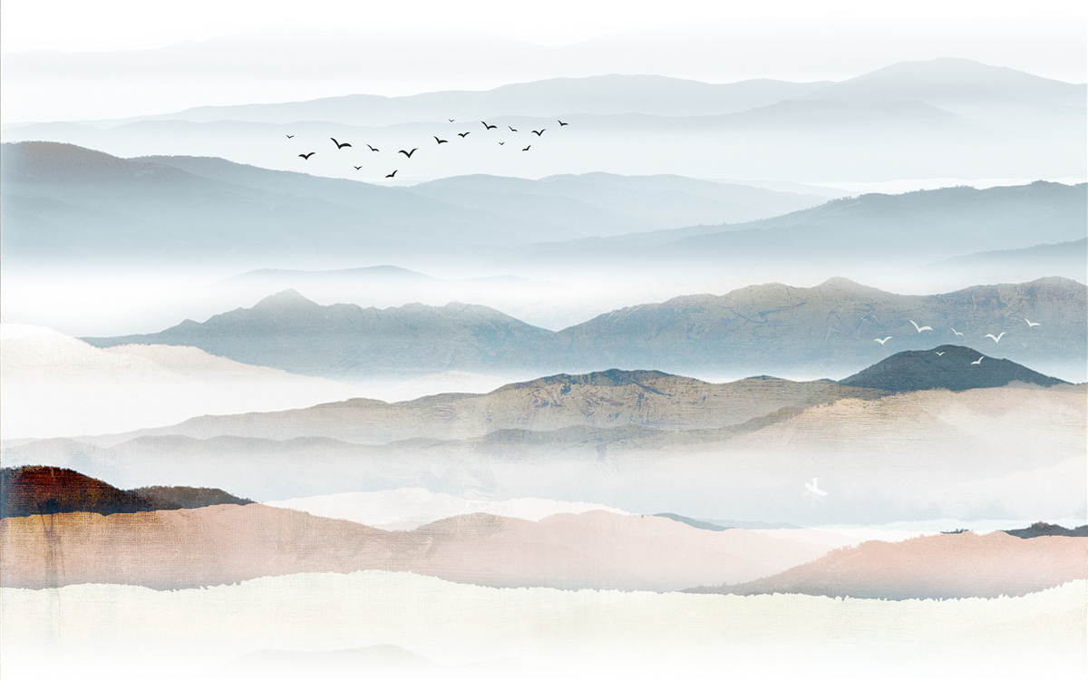 Фотошпалери птахи пролітають над лісом, оповитим ранковим туманом