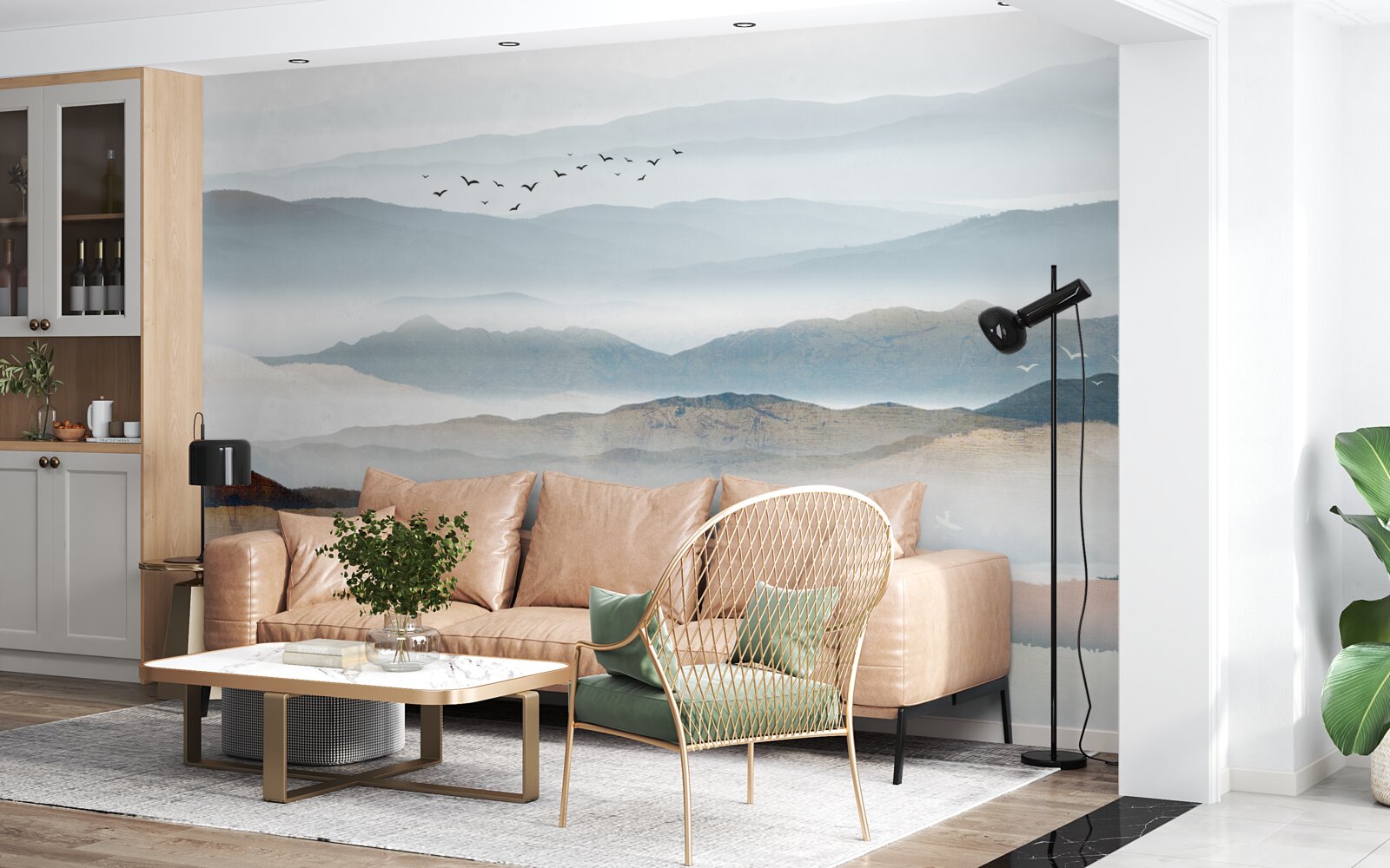 Фотошпалери птахи пролітають над лісом, оповитим ранковим туманом