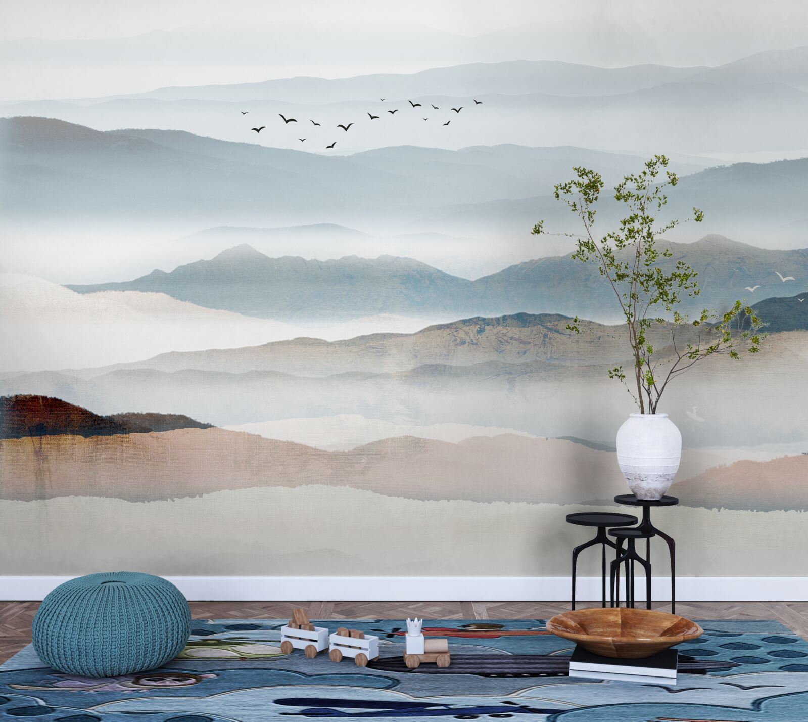 Фотошпалери птахи пролітають над лісом, оповитим ранковим туманом