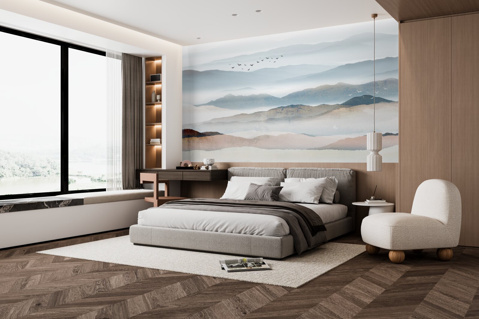 Фотошпалери птахи пролітають над лісом, оповитим ранковим туманом