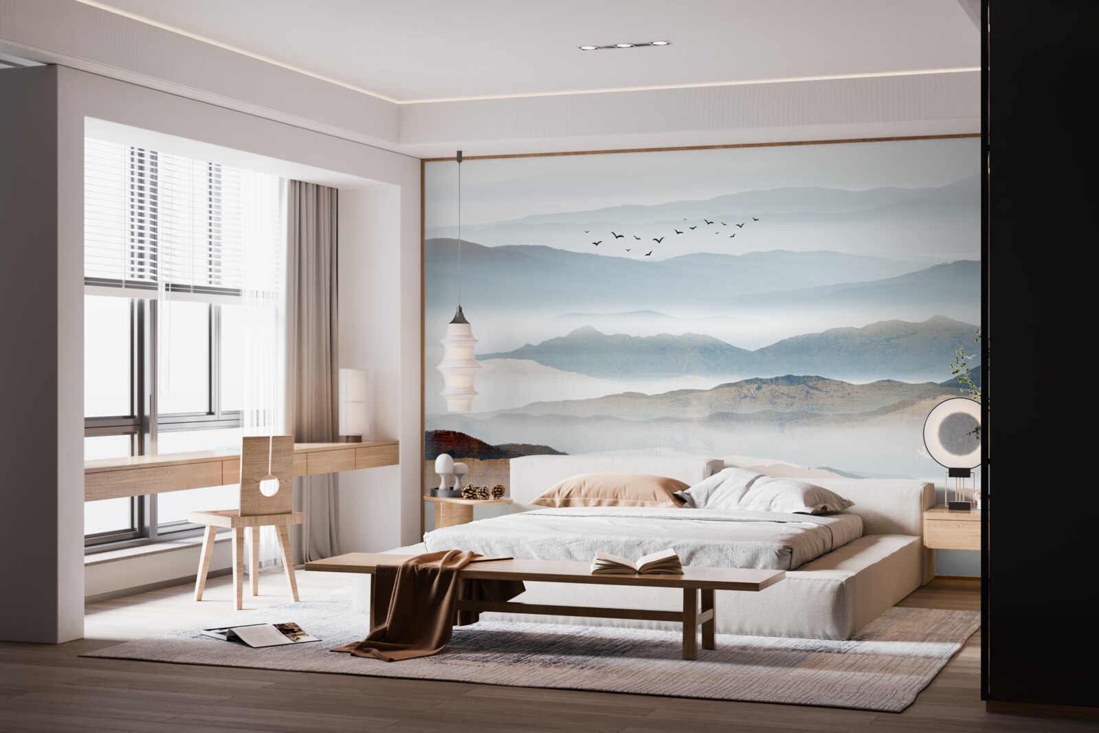 Фотошпалери птахи пролітають над лісом, оповитим ранковим туманом