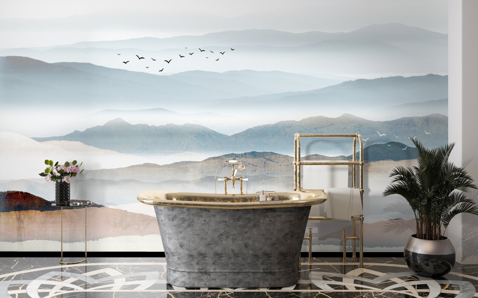 Фотошпалери птахи пролітають над лісом, оповитим ранковим туманом