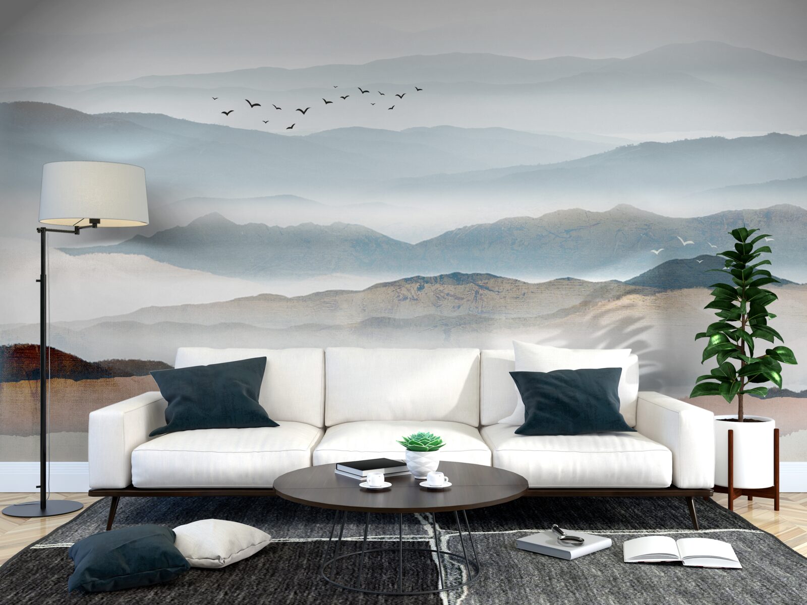 Фотошпалери птахи пролітають над лісом, оповитим ранковим туманом