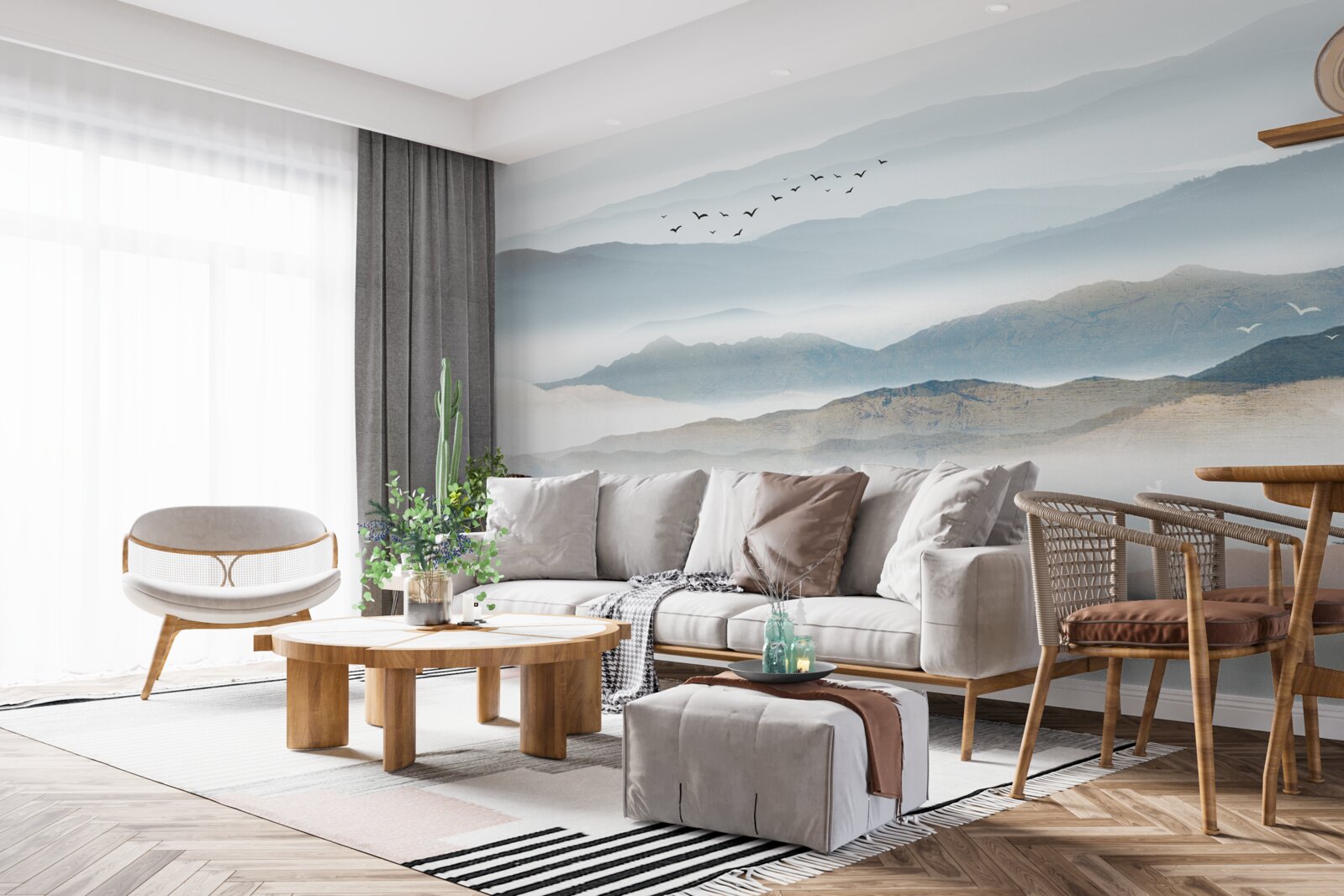 Фотошпалери птахи пролітають над лісом, оповитим ранковим туманом