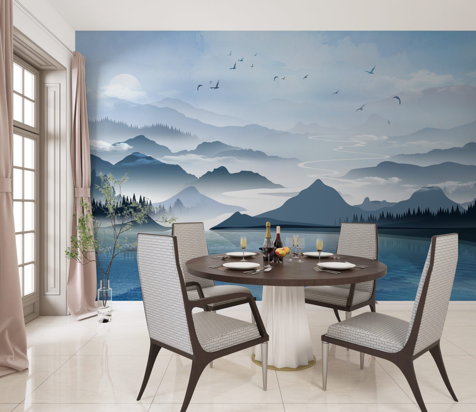 Фотошпалери рибалити на світанку на озері на самоті