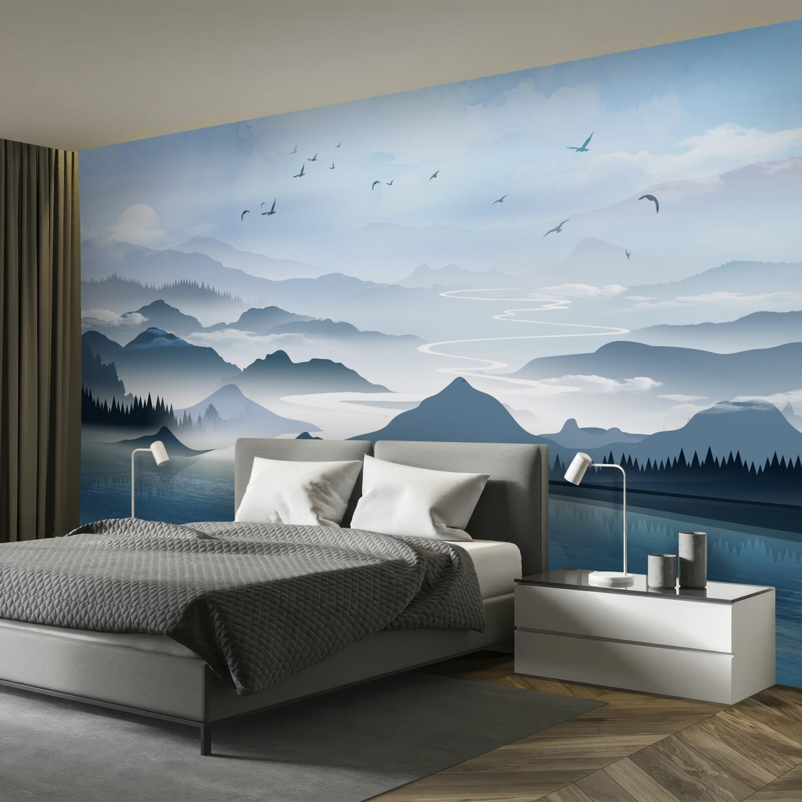 Фотошпалери рибалити на світанку на озері на самоті