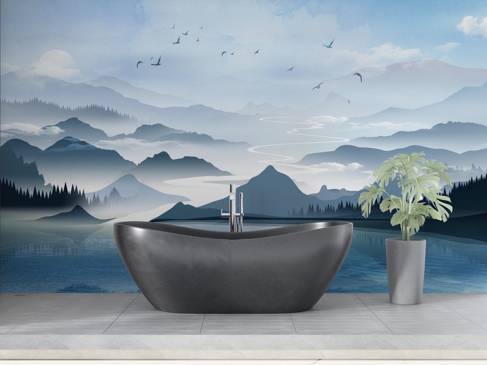 Фотошпалери рибалити на світанку на озері на самоті