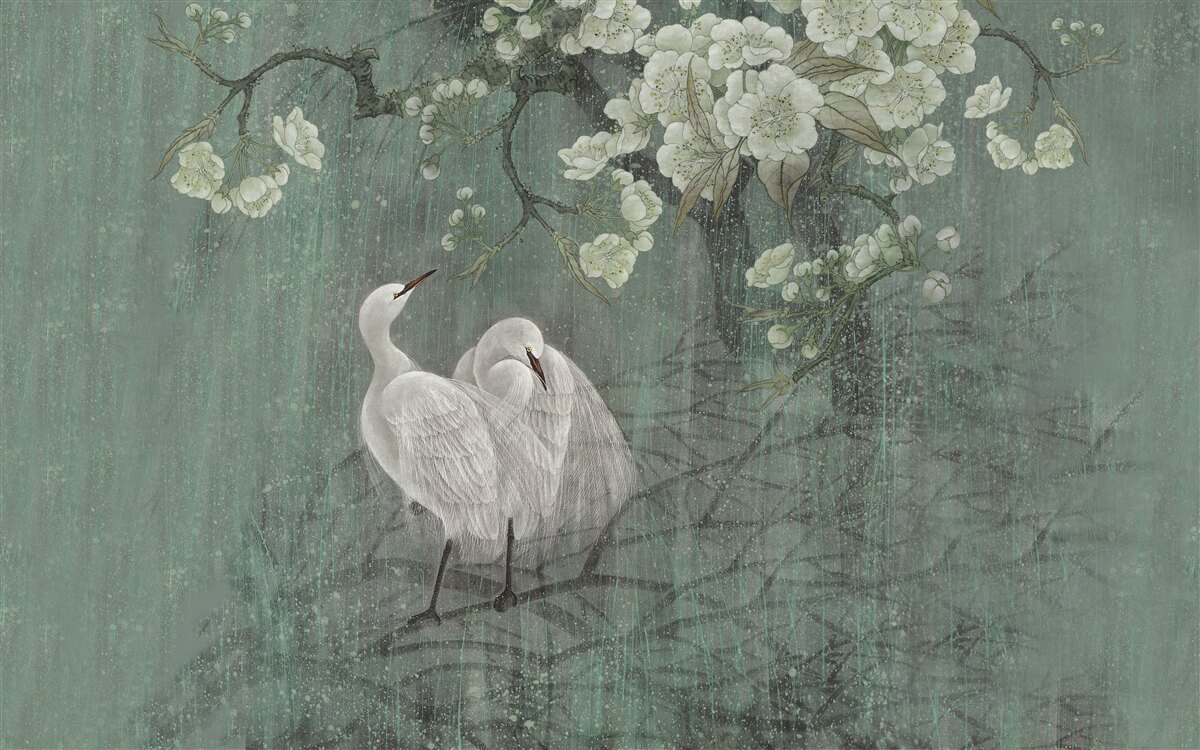 Фотошпалери під деревом плавають лебеді в повному розквіті сил