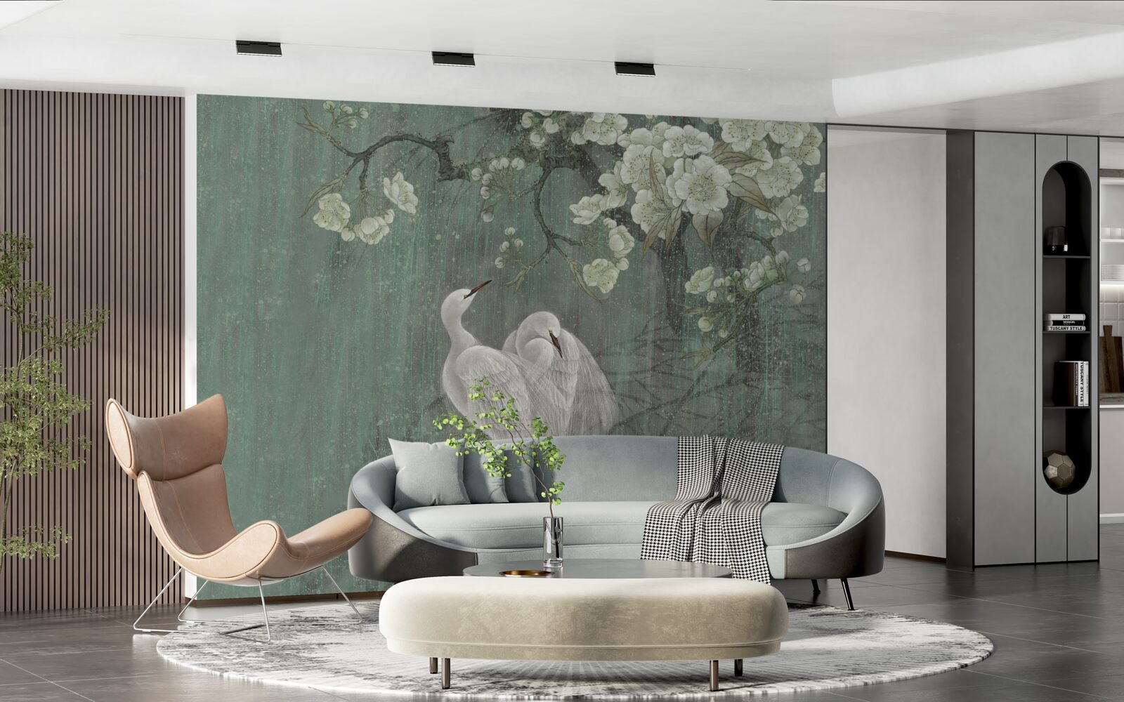 Фотошпалери під деревом плавають лебеді в повному розквіті сил