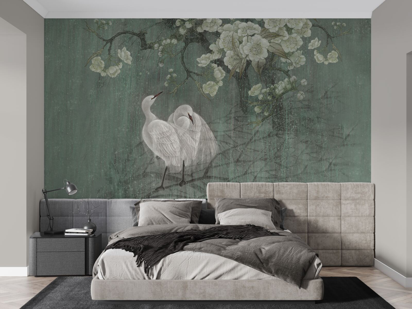 Фотошпалери під деревом плавають лебеді в повному розквіті сил