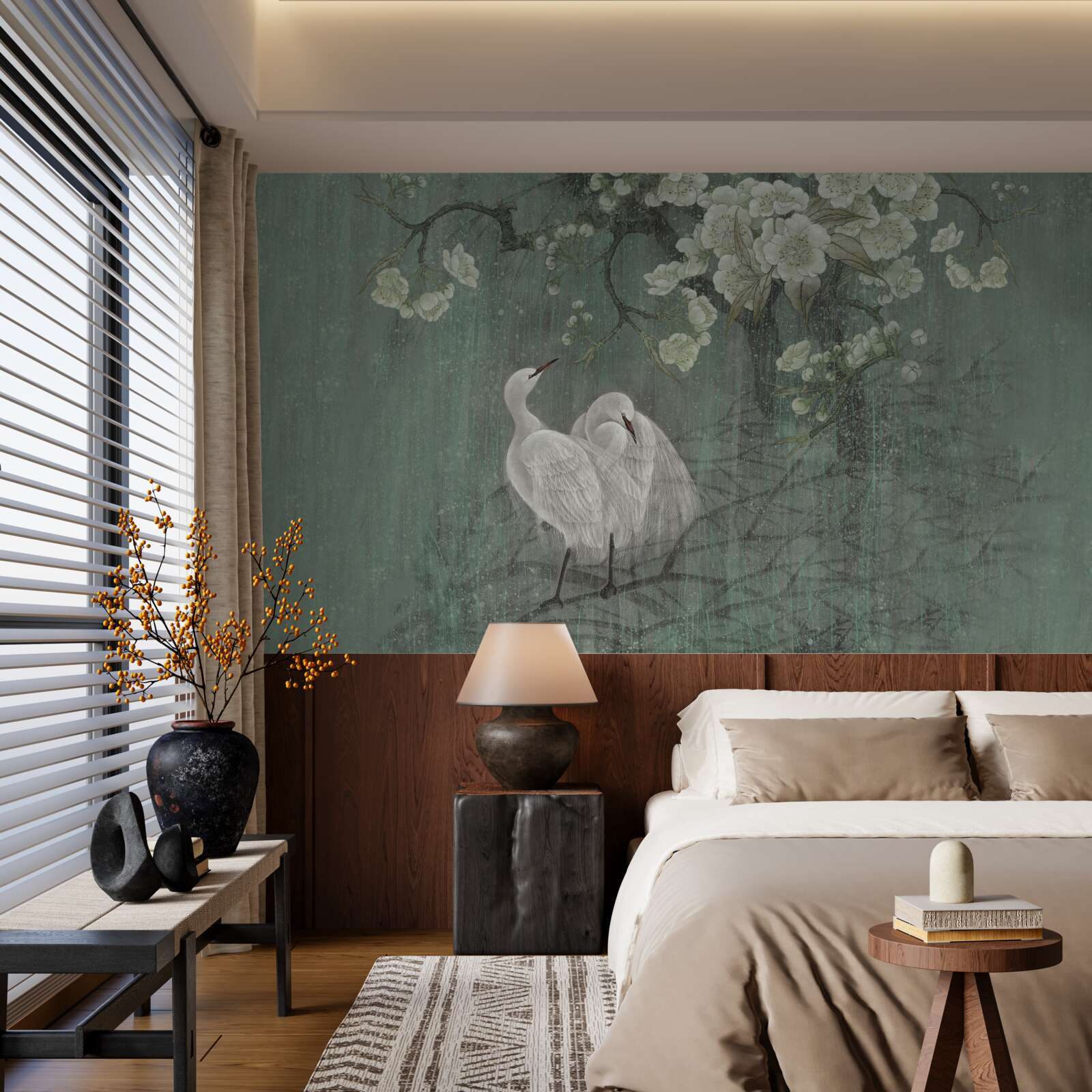 Фотошпалери під деревом плавають лебеді в повному розквіті сил