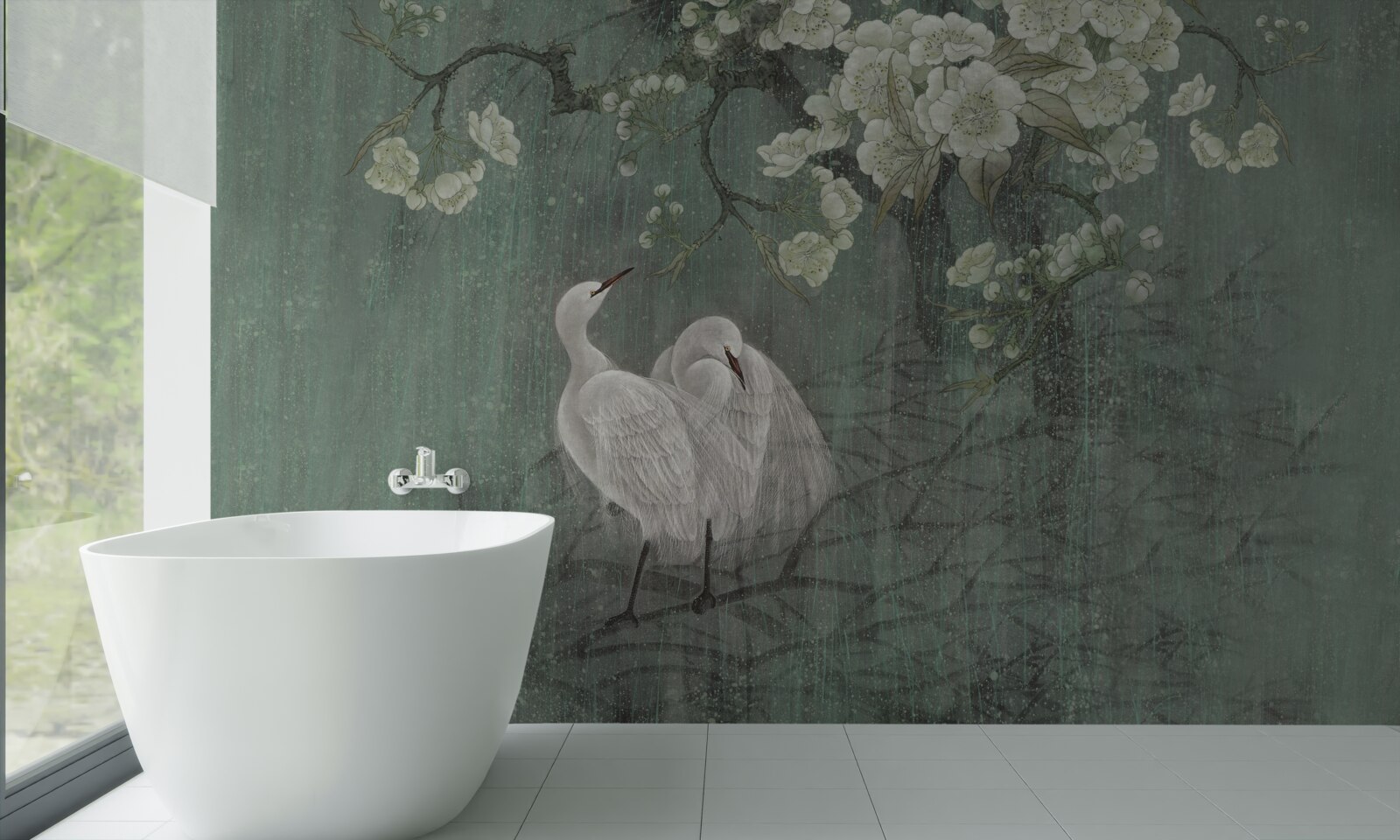 Фотошпалери під деревом плавають лебеді в повному розквіті сил