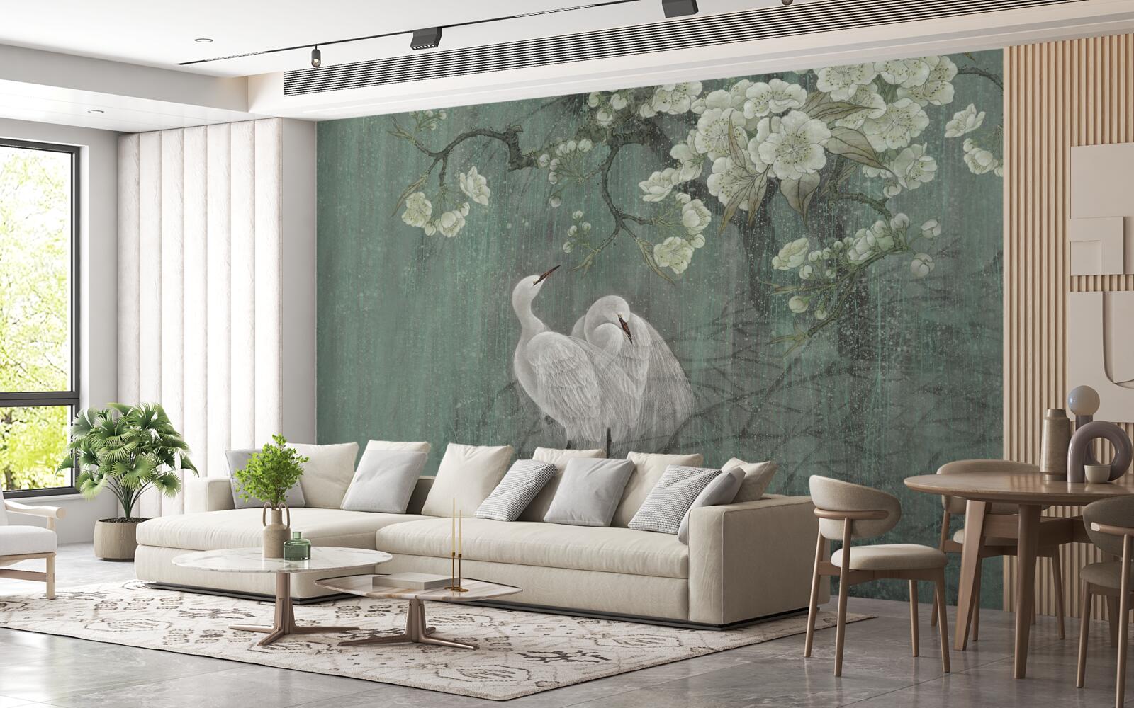 Фотошпалери під деревом плавають лебеді в повному розквіті сил