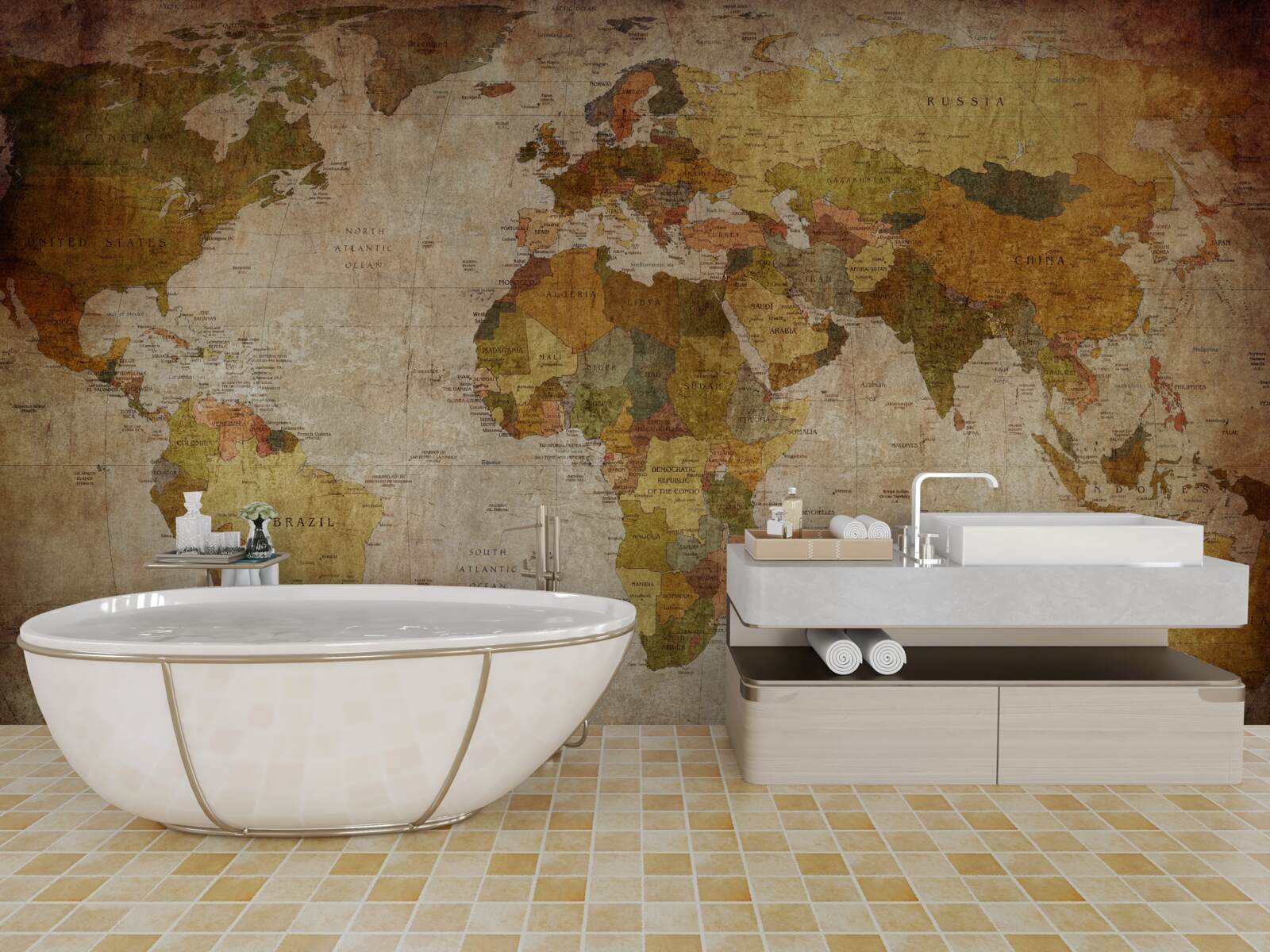 Фотошпалери карта світу у відтінках коричневого