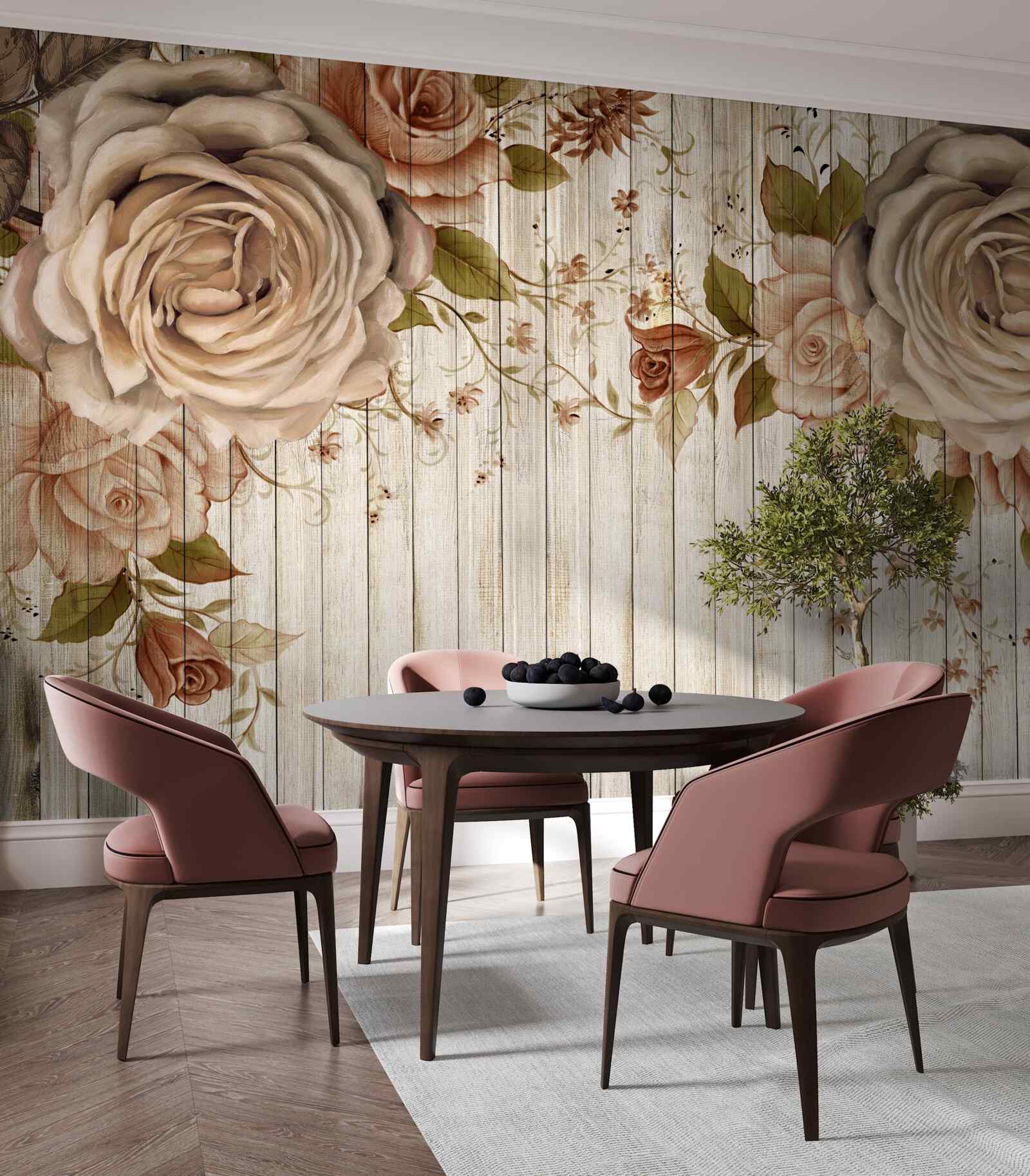 Фотошпалери Свіжі троянди в ніжних кремових відтінках на світлій паркетній підлозі