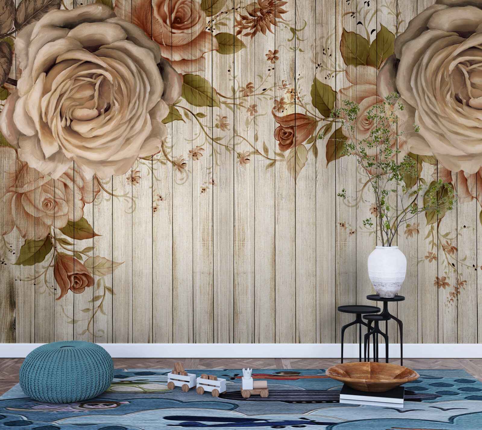 Фотошпалери Свіжі троянди в ніжних кремових відтінках на світлій паркетній підлозі