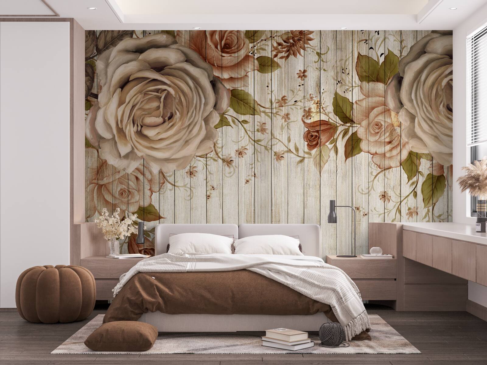 Фотошпалери Свіжі троянди в ніжних кремових відтінках на світлій паркетній підлозі
