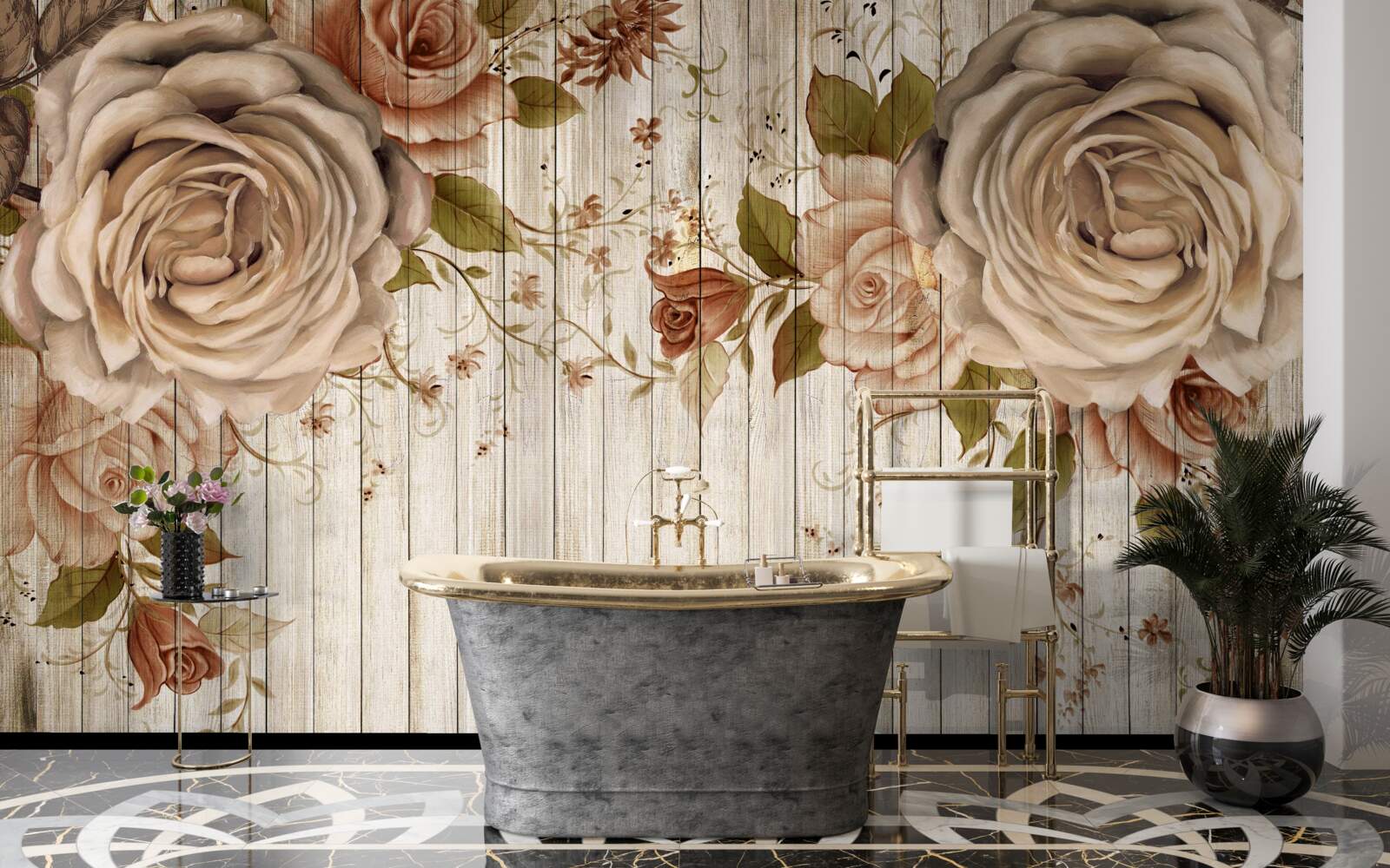 Фотошпалери Свіжі троянди в ніжних кремових відтінках на світлій паркетній підлозі