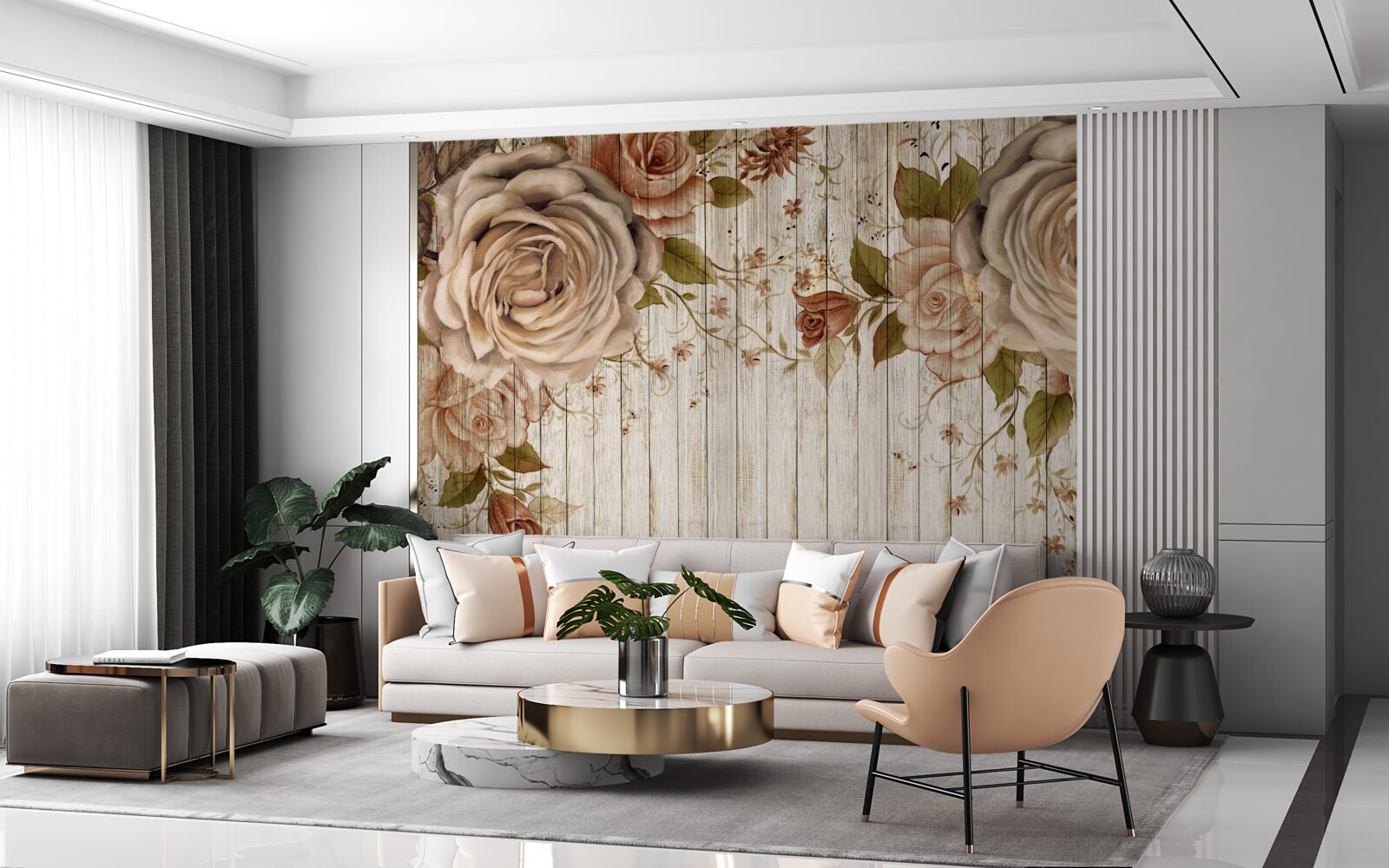 Фотошпалери Свіжі троянди в ніжних кремових відтінках на світлій паркетній підлозі