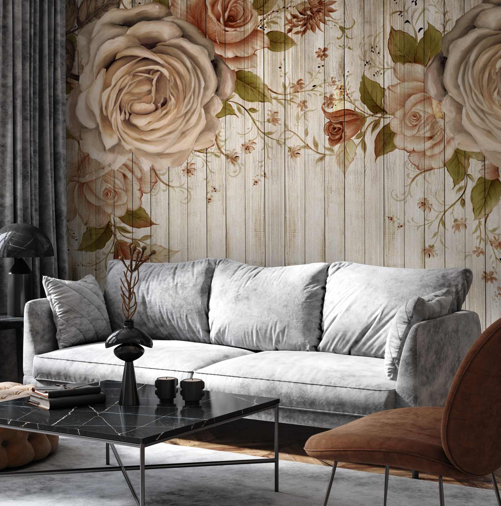 Фотошпалери Свіжі троянди в ніжних кремових відтінках на світлій паркетній підлозі