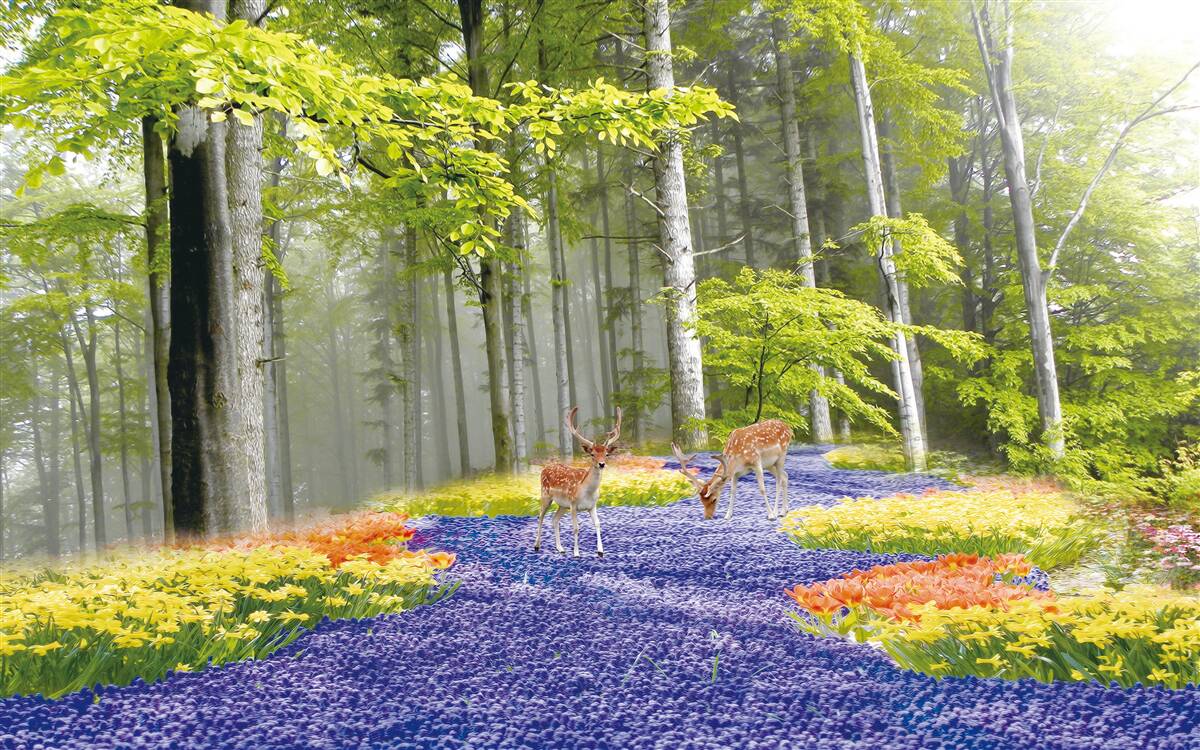 Фотошпалери олені гуляють зеленим лісом